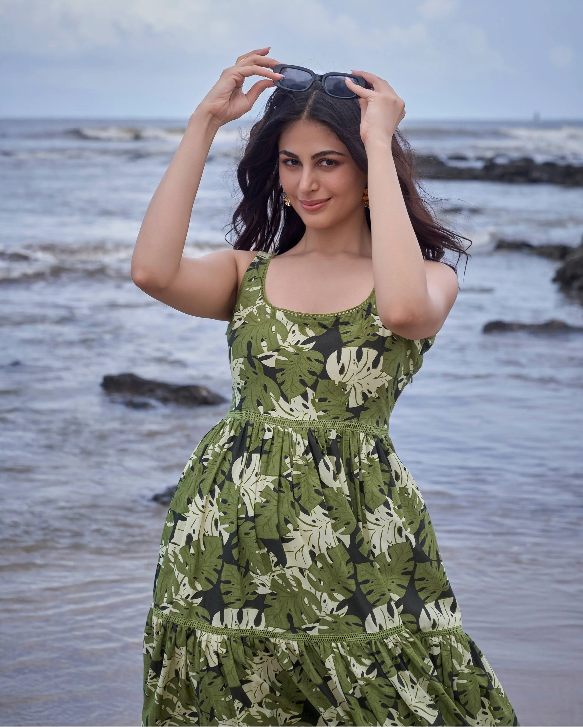 Tropical Dark Green Printed Cotton Dress My Store