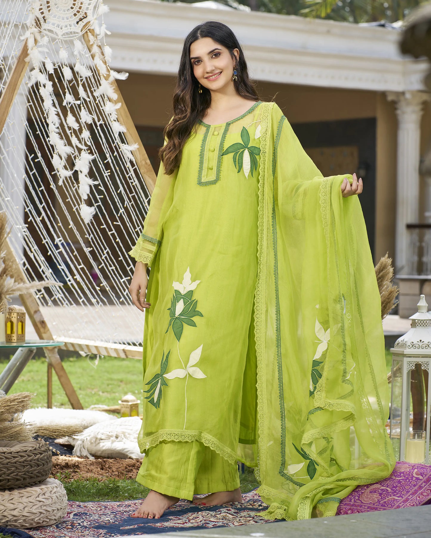 Daai Neon Green Applique Organza Kurta Set My Store