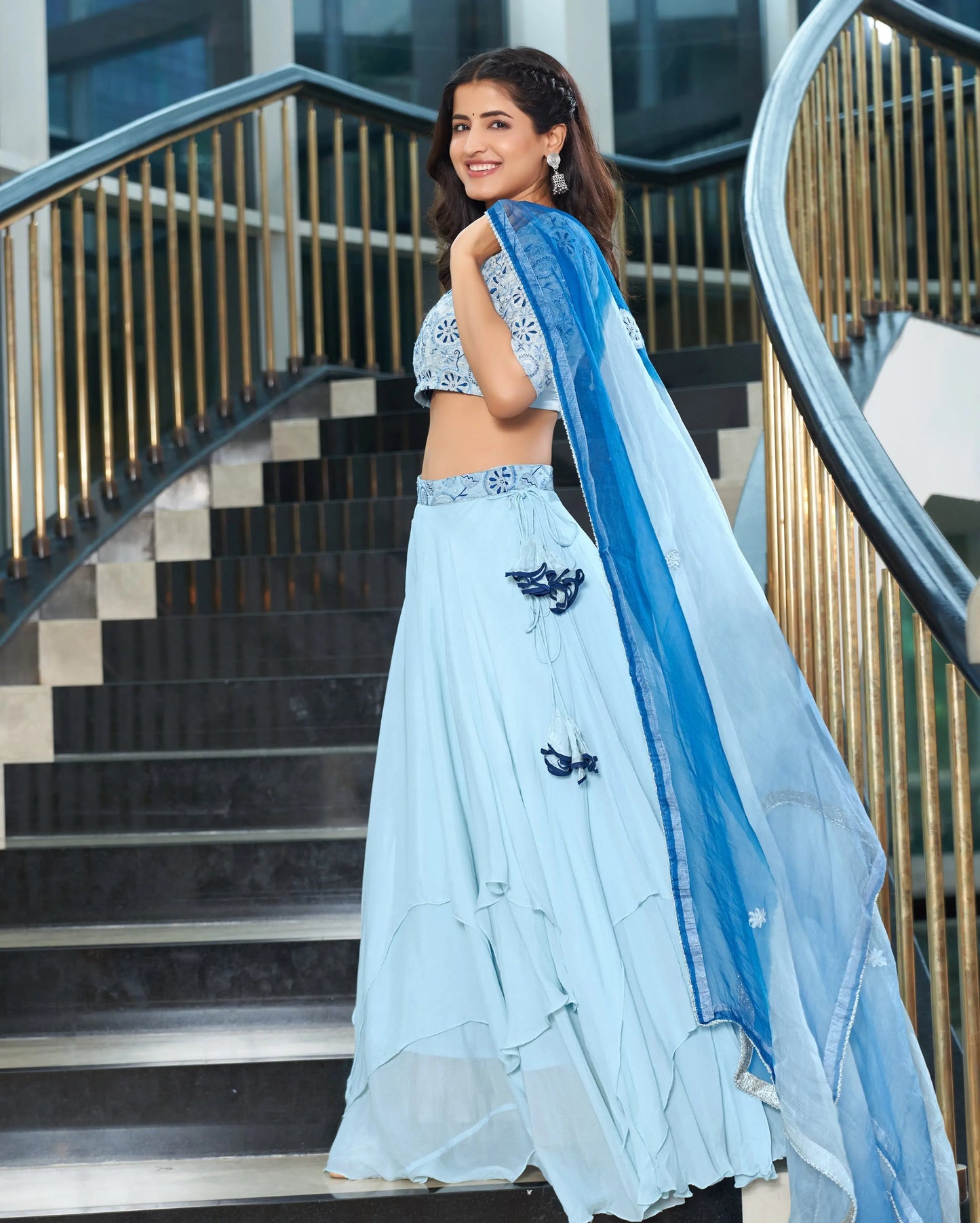 Riwaaz Pastel Blue Embroidered Chinon Lehenga Set My Store