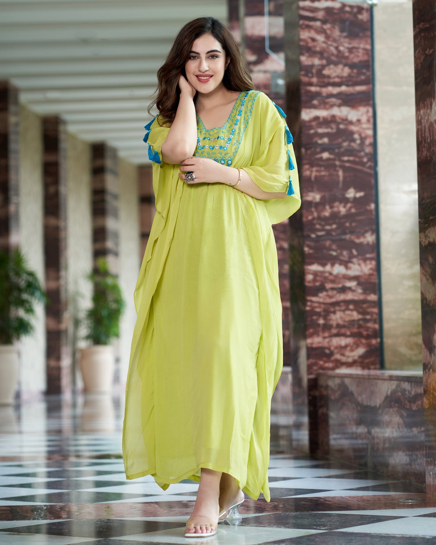 Meera Neon Green Embroidered Chinon Kaftan Quick Cart