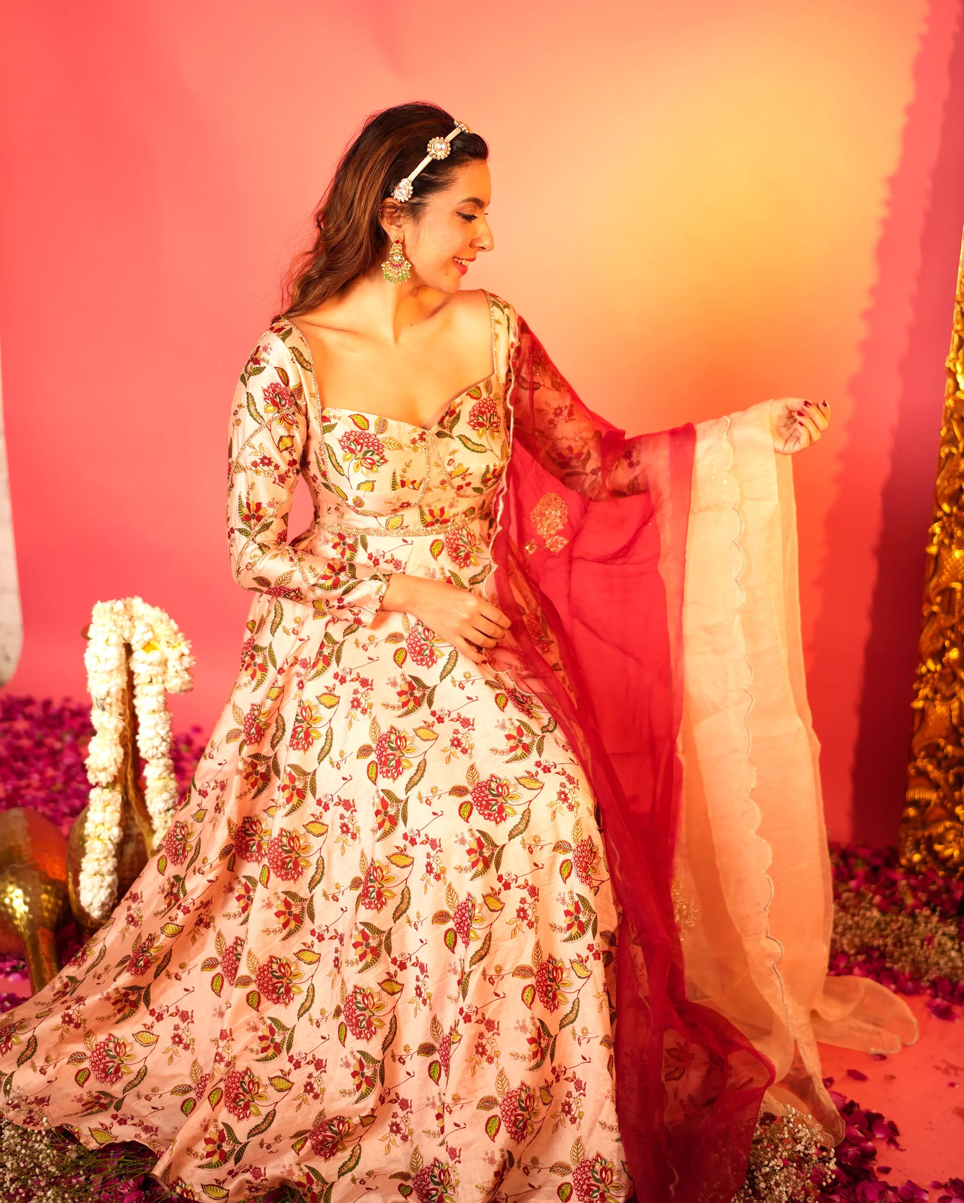 Draksha Peach Printed Chanderi Suit Set My Store