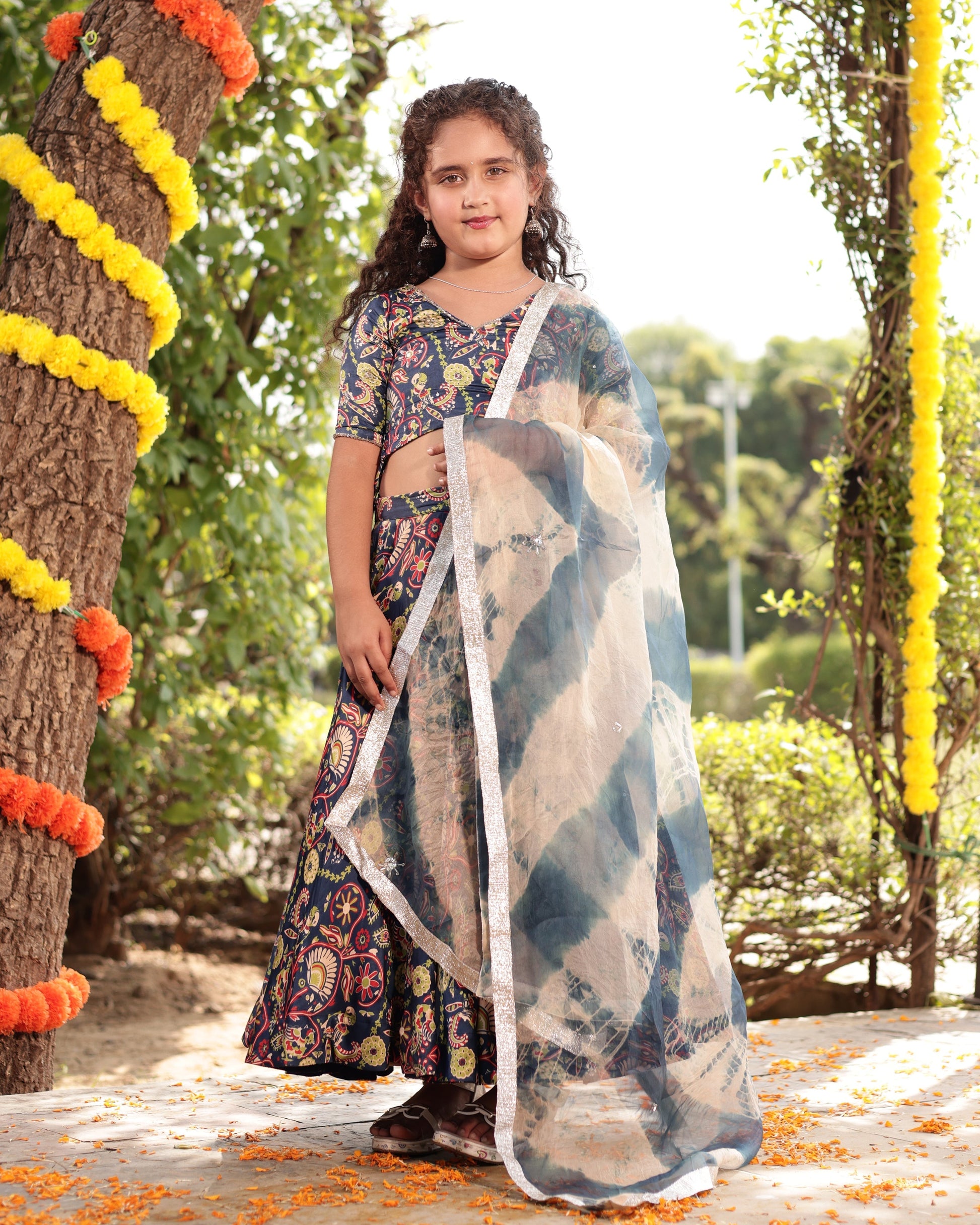 Taffy Blue Printed Embroidered Satin Lehenga Set My Store