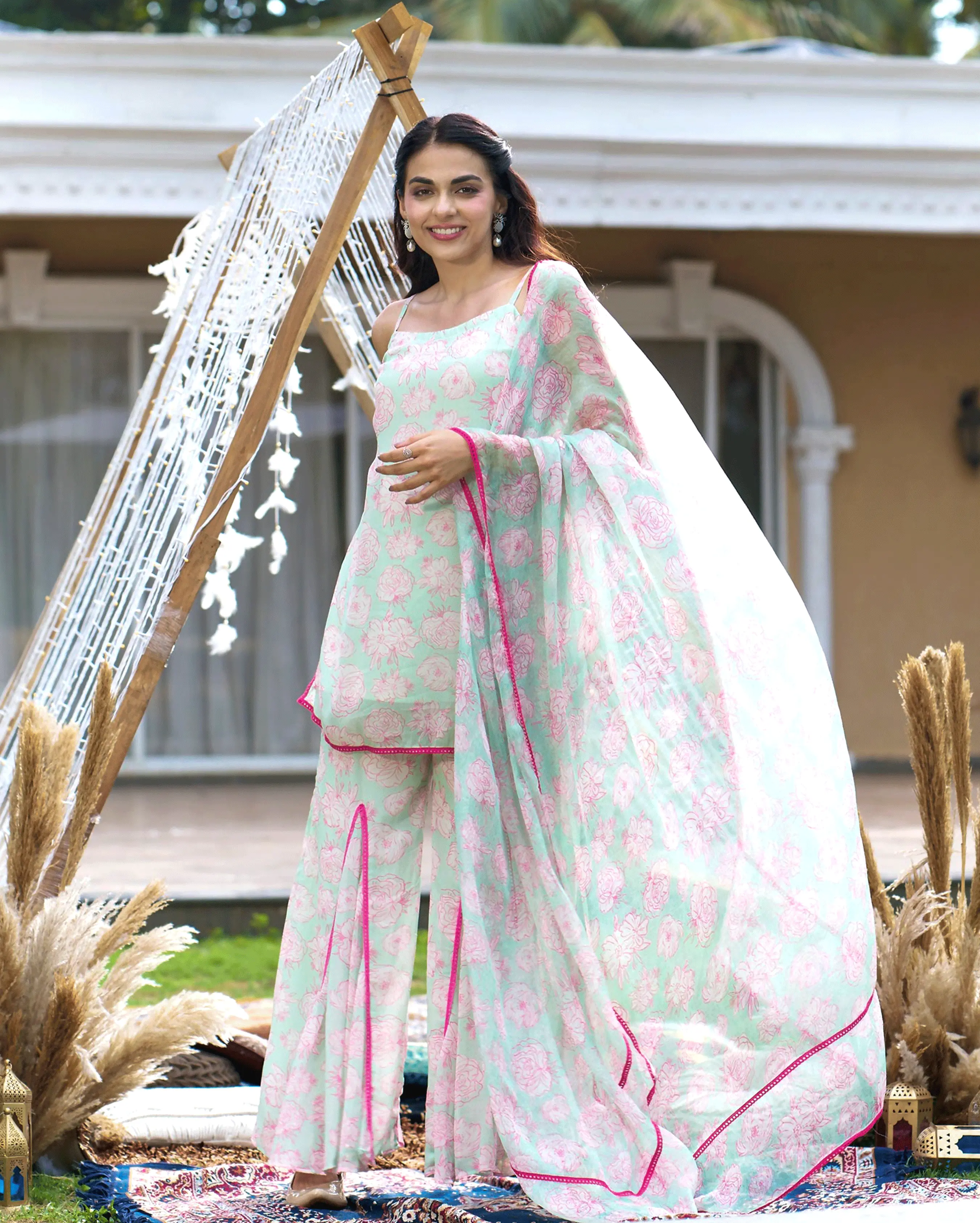 Kinaaz Sea Green Printed Georgette Sharara Set My Store