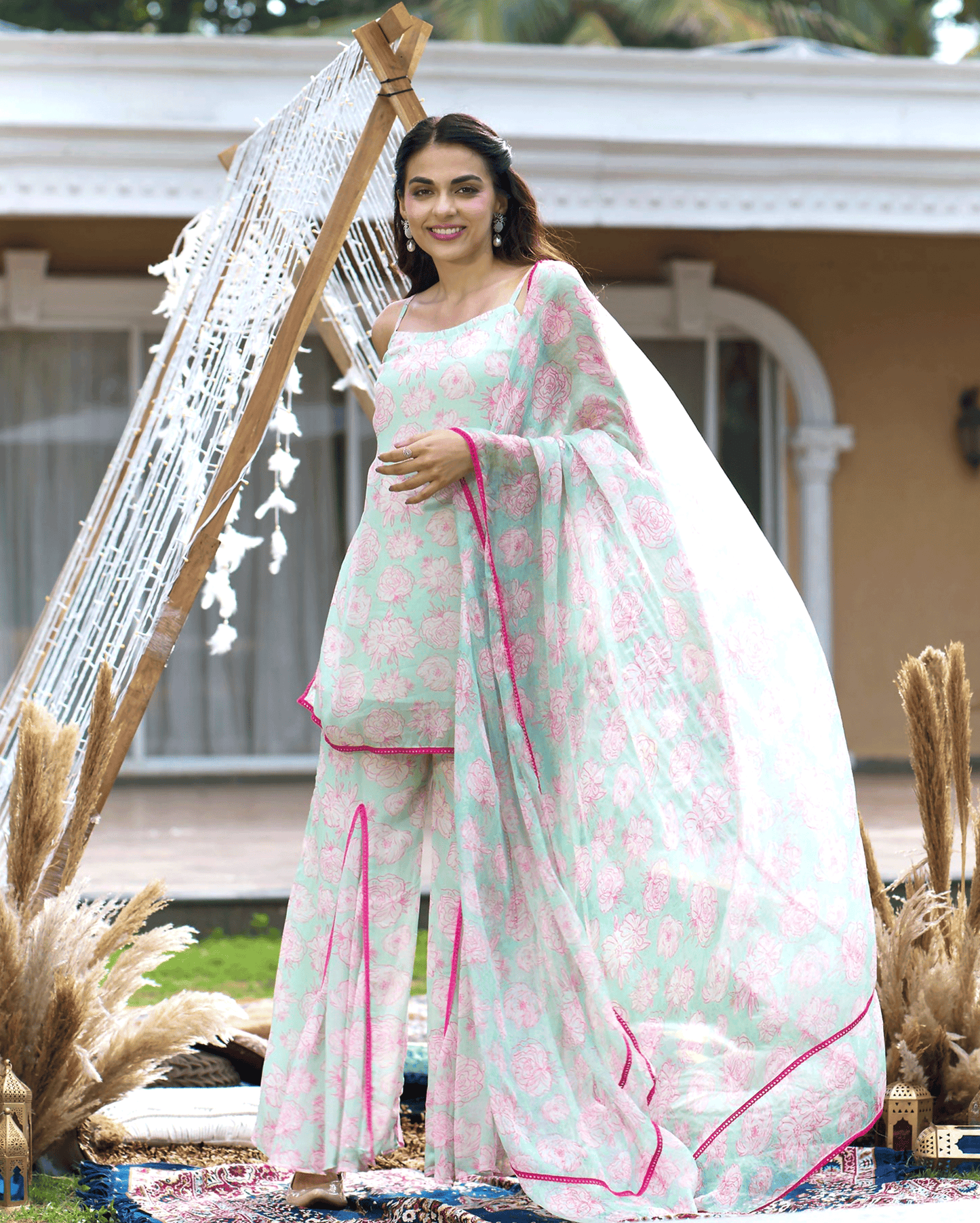 Kinaaz Sea Green Printed Georgette Sharara Set My Store