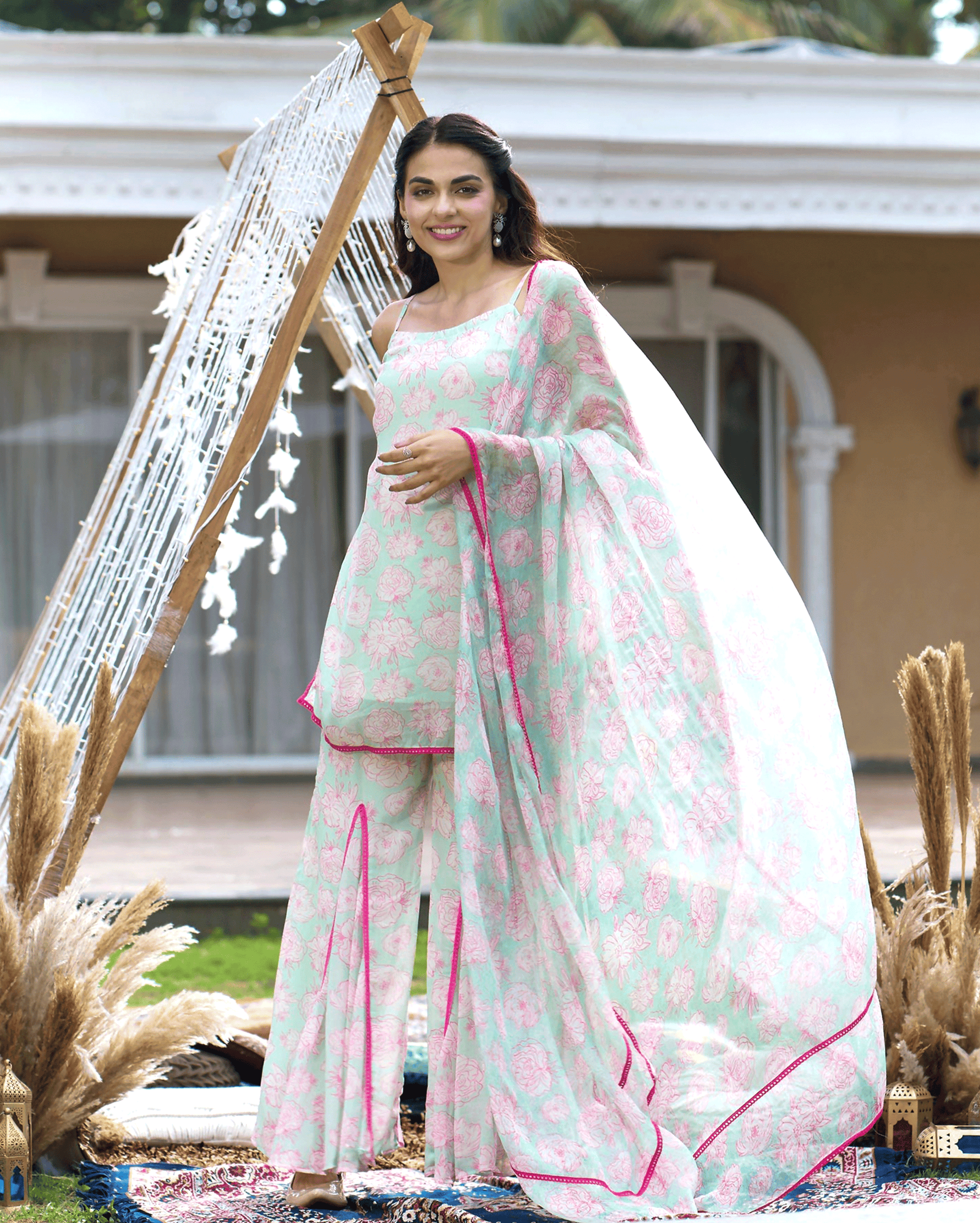 Kinaaz Sea Green Printed Georgette Sharara Set My Store