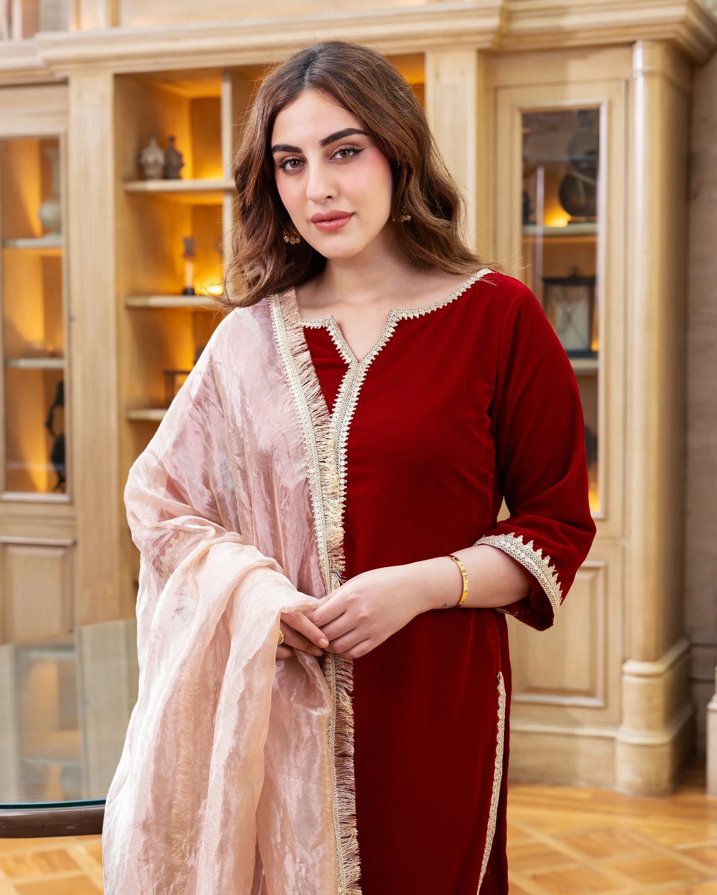 Raha Red Solid Velvet Suit Set My Store