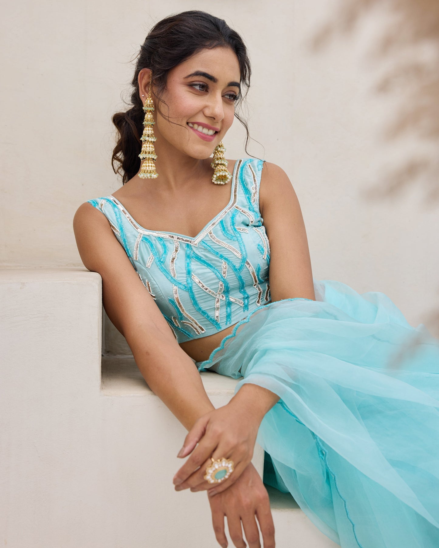 Blue Petal Satin Embroidered Blouse My Store