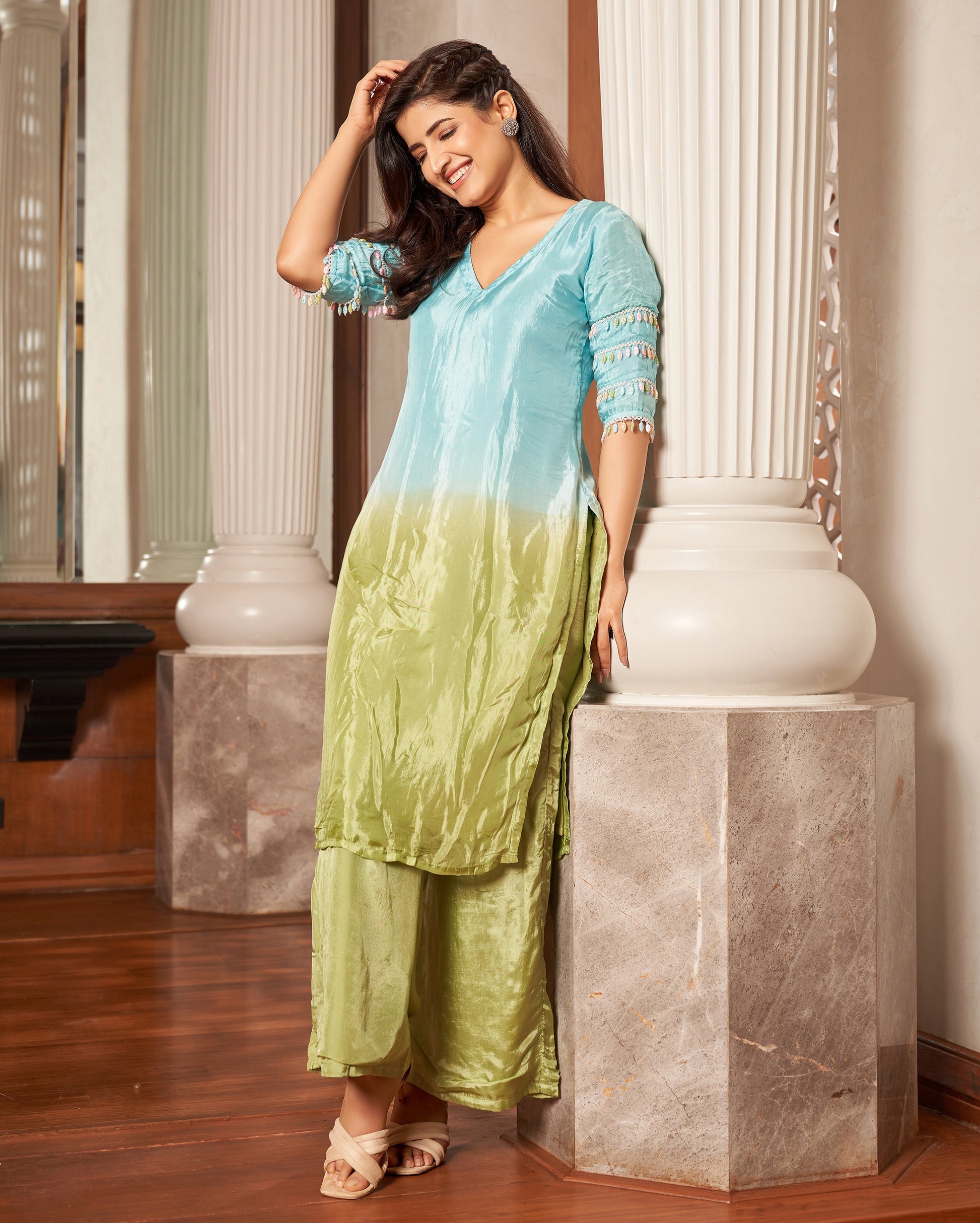 Matsya Blue Green Ombre Silk Kurta Set Quick Cart