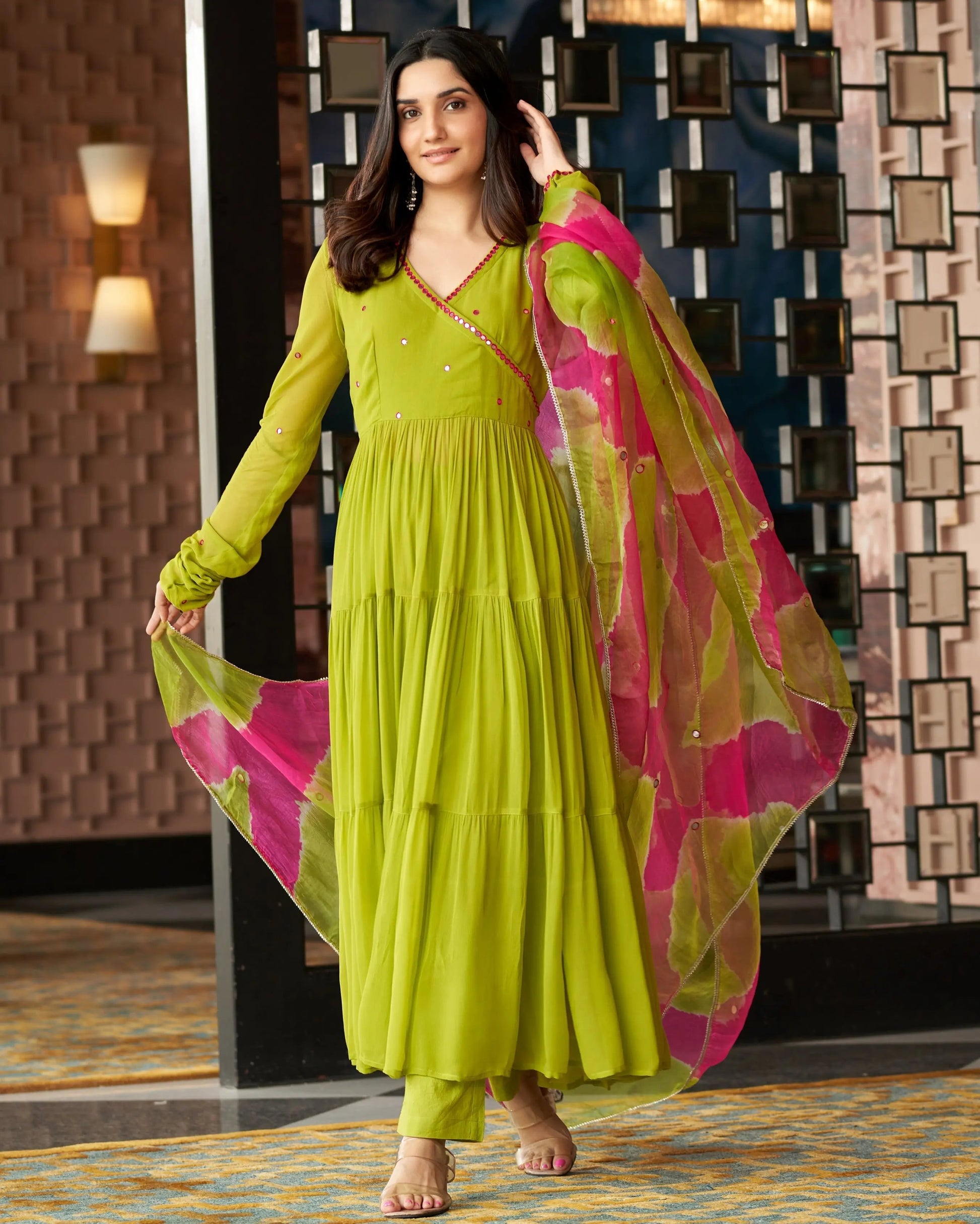 Leela Neon Green Embroidered Georgette Suit Set My Store