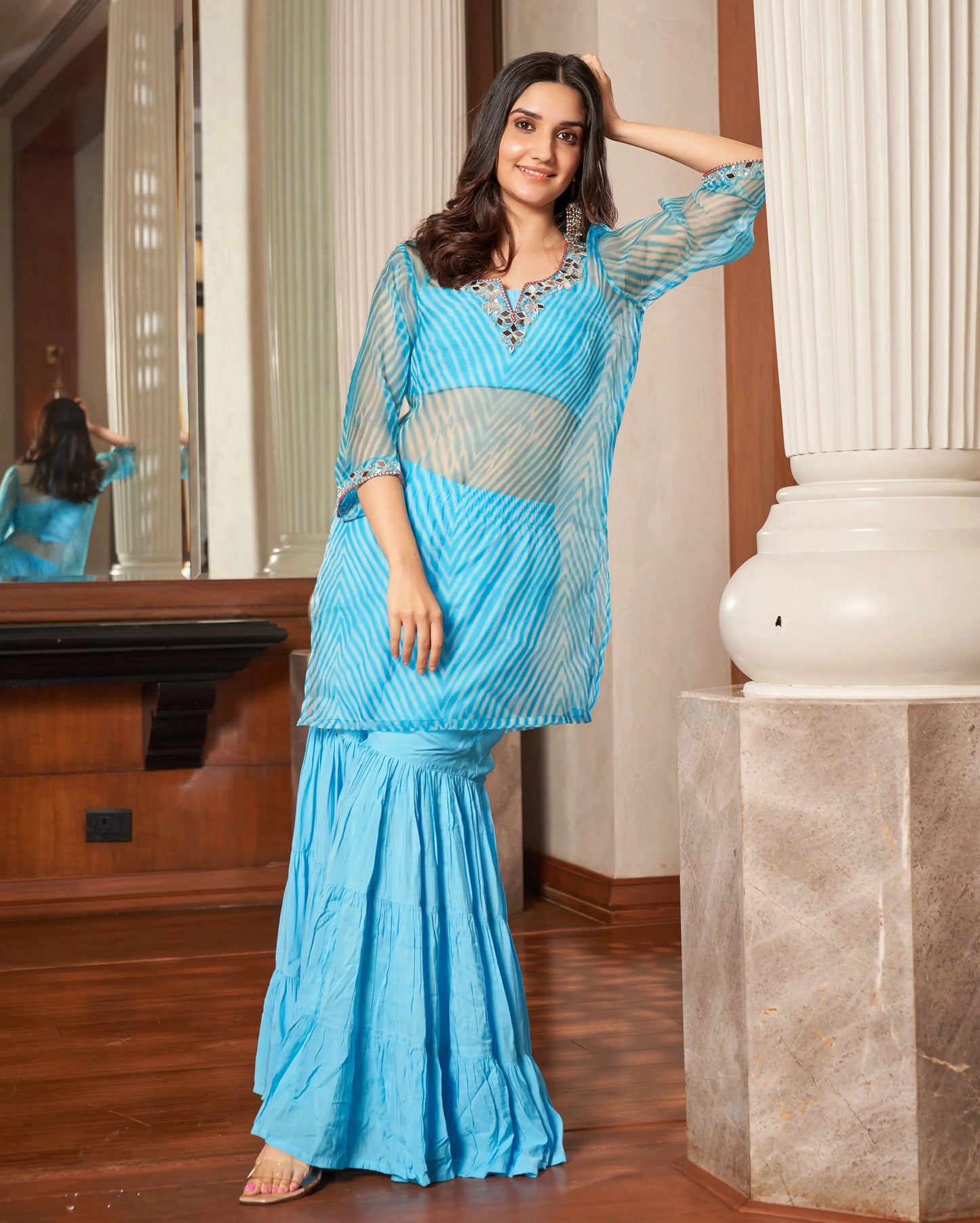 Tijori Light Blue Leheriya Organza Sharara Set My Store