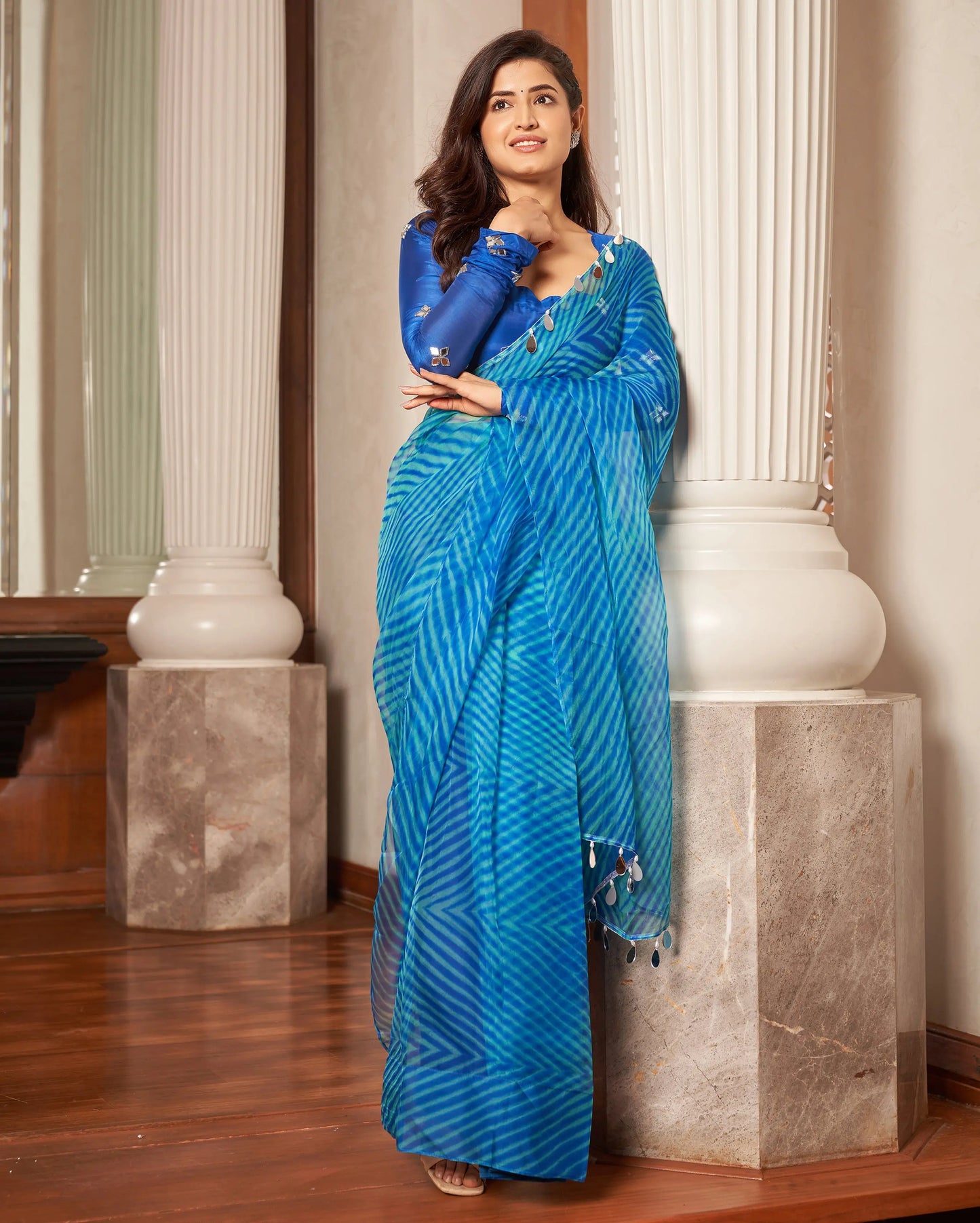 Neeru Blue Leheriya Organza Pre Draped Saree My Store