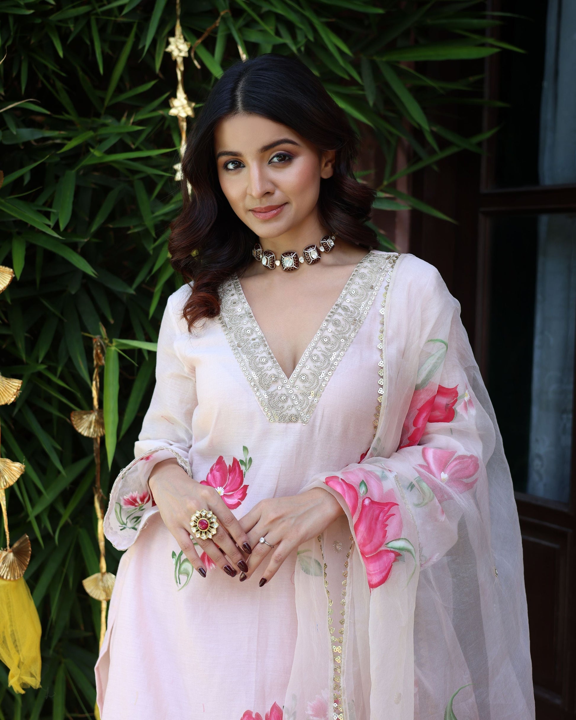 Snowflake Serene Peach Pink Handpainted Chanderi Suit Set Quick Cart