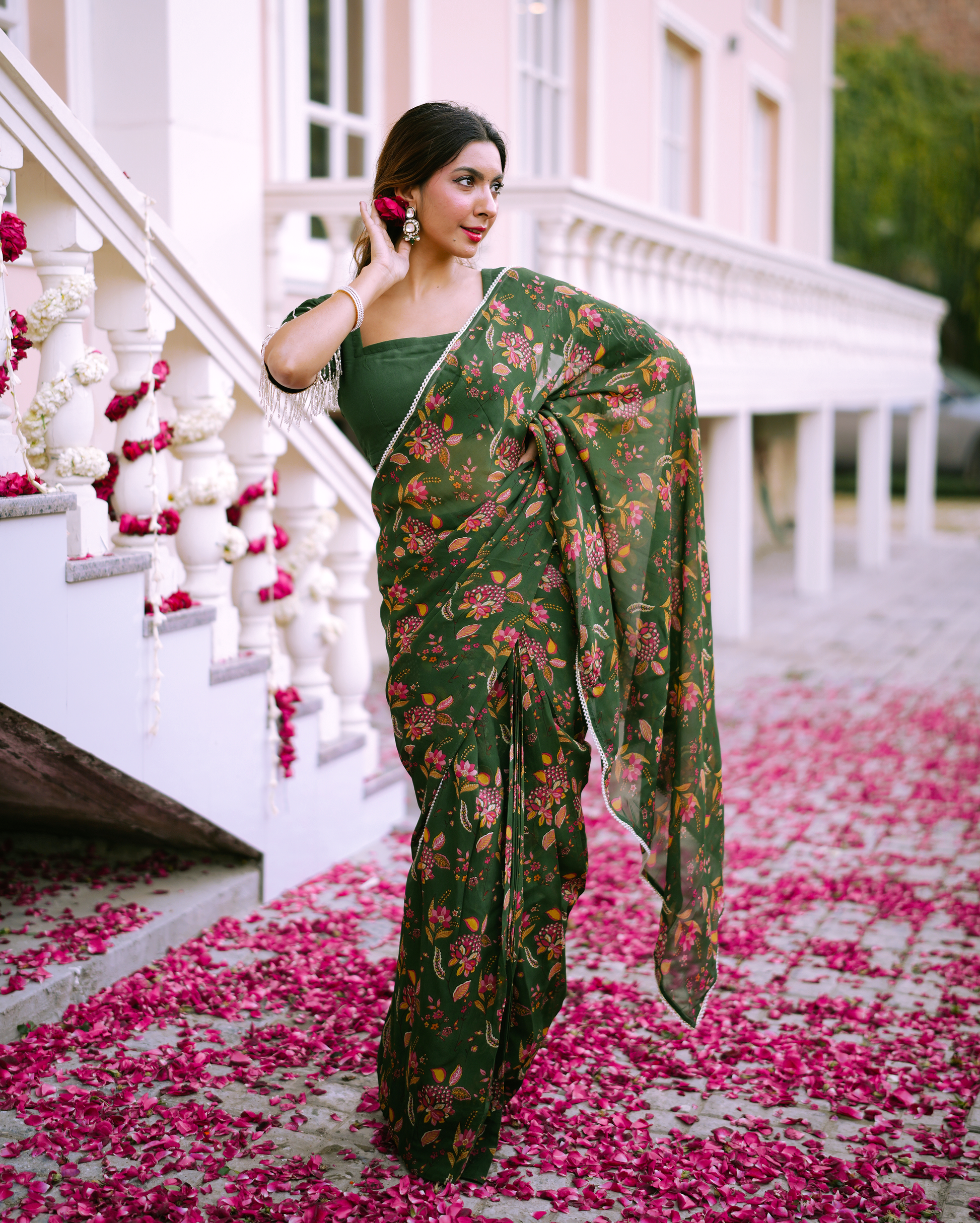 Kusum Green Printed Georgette Pre-draped Saree My Store