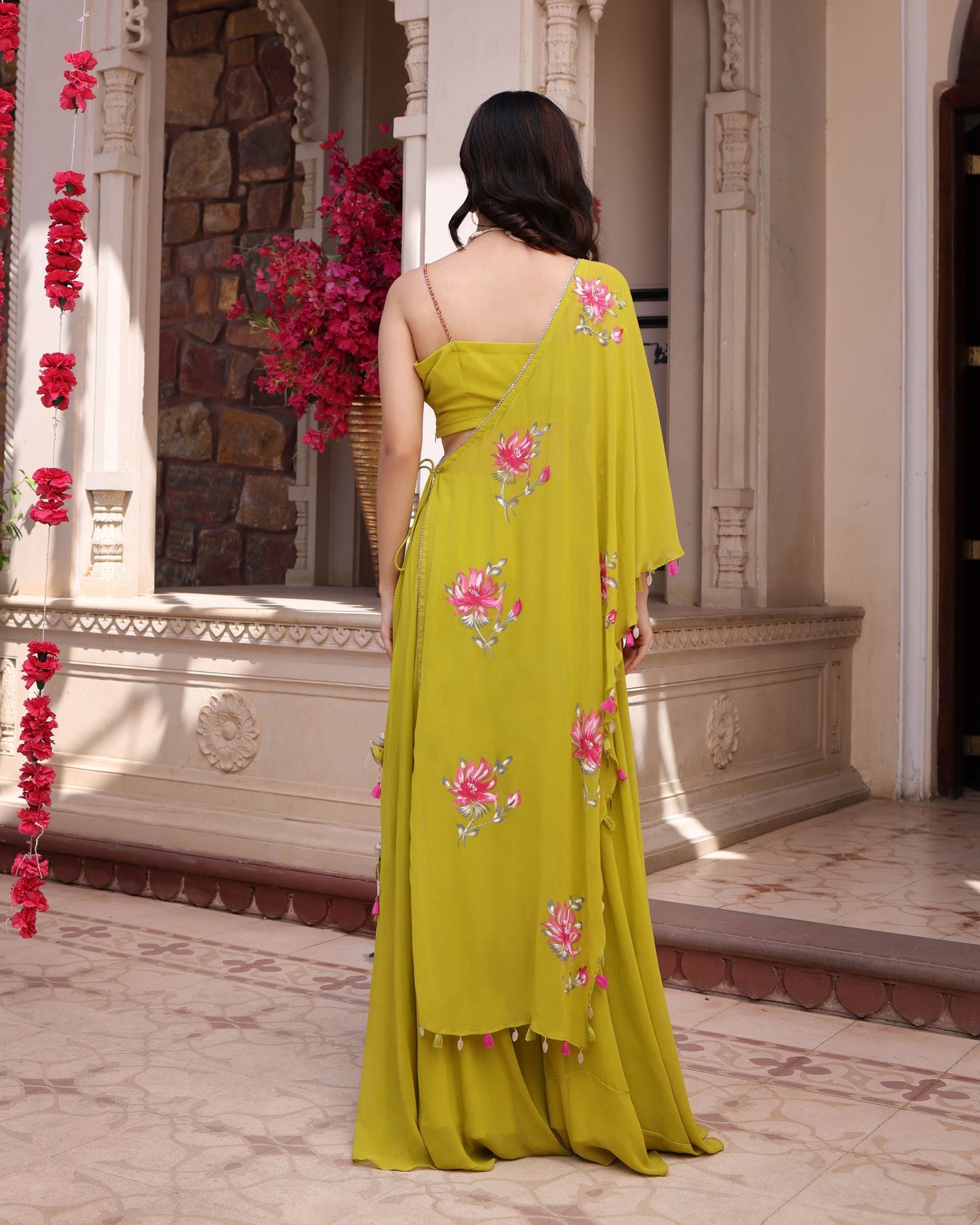 Cyber Lime Floral Handpainted Georgette Fusion Wear Quick Cart
