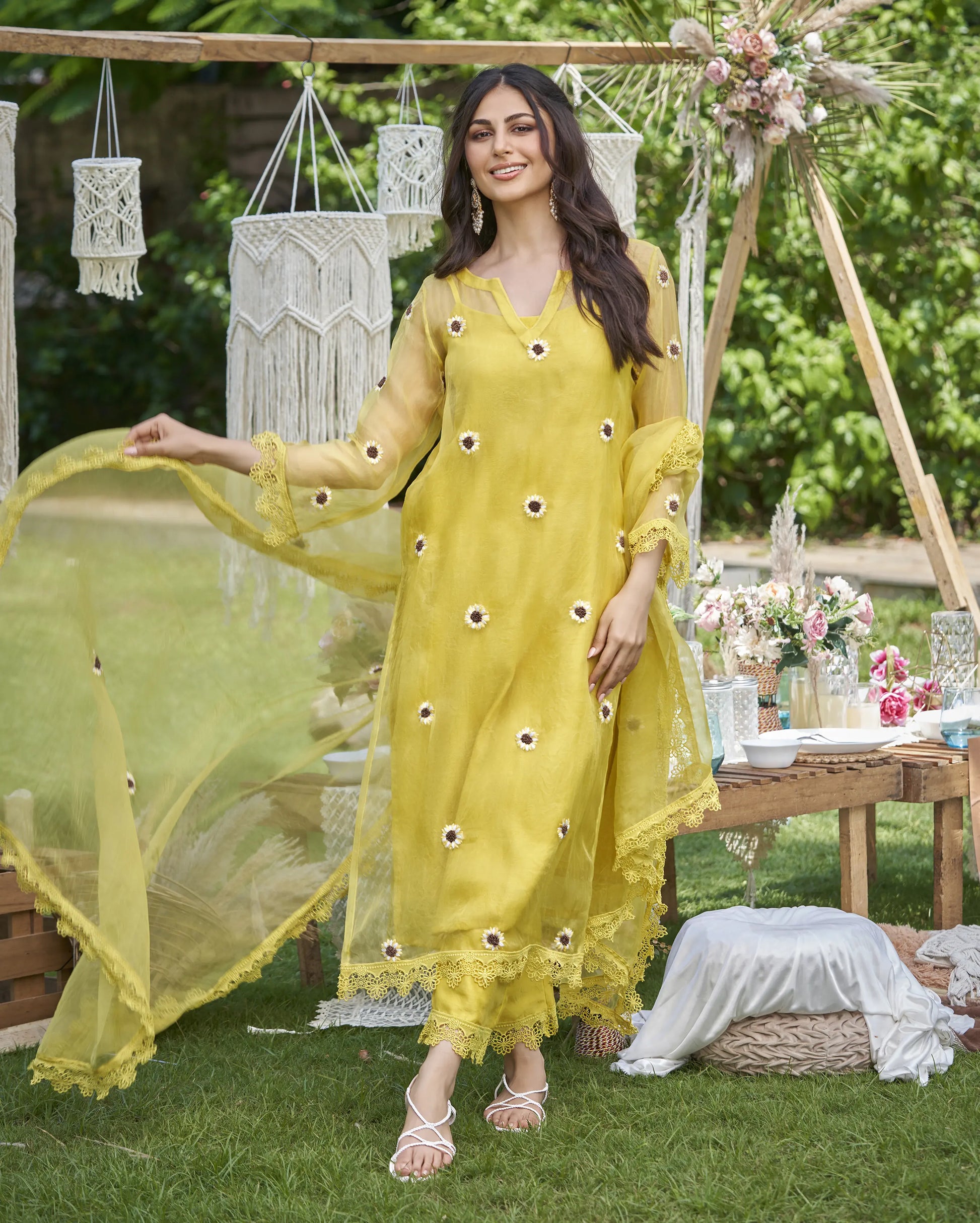 Murat Yellow Embroidered Organza Kurta Set My Store