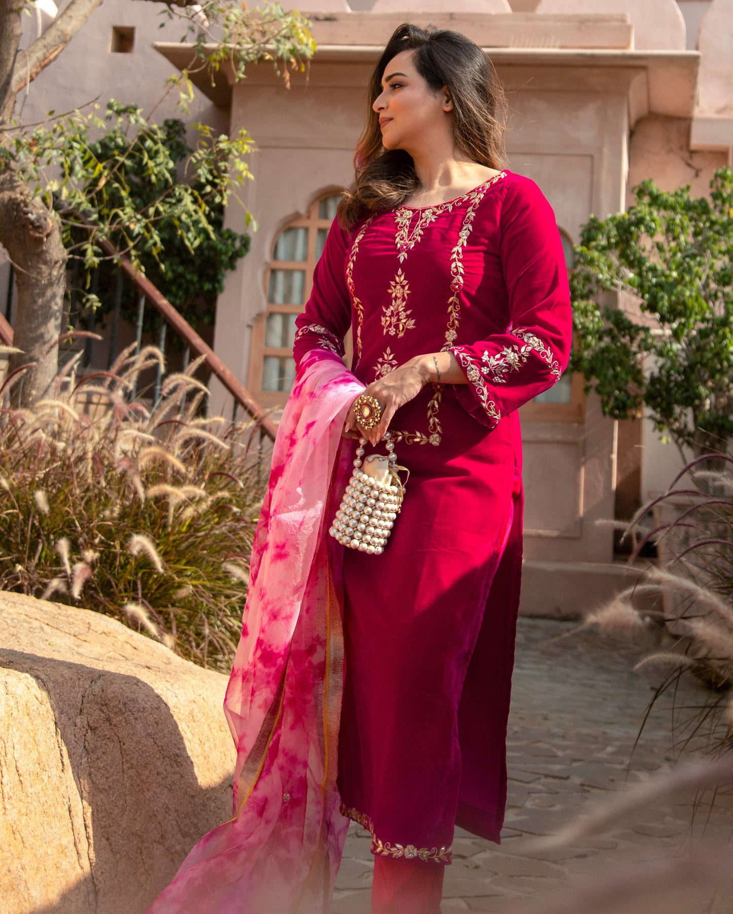 Pink Paradise Velvet Handcrafted Suit Set Quick Cart