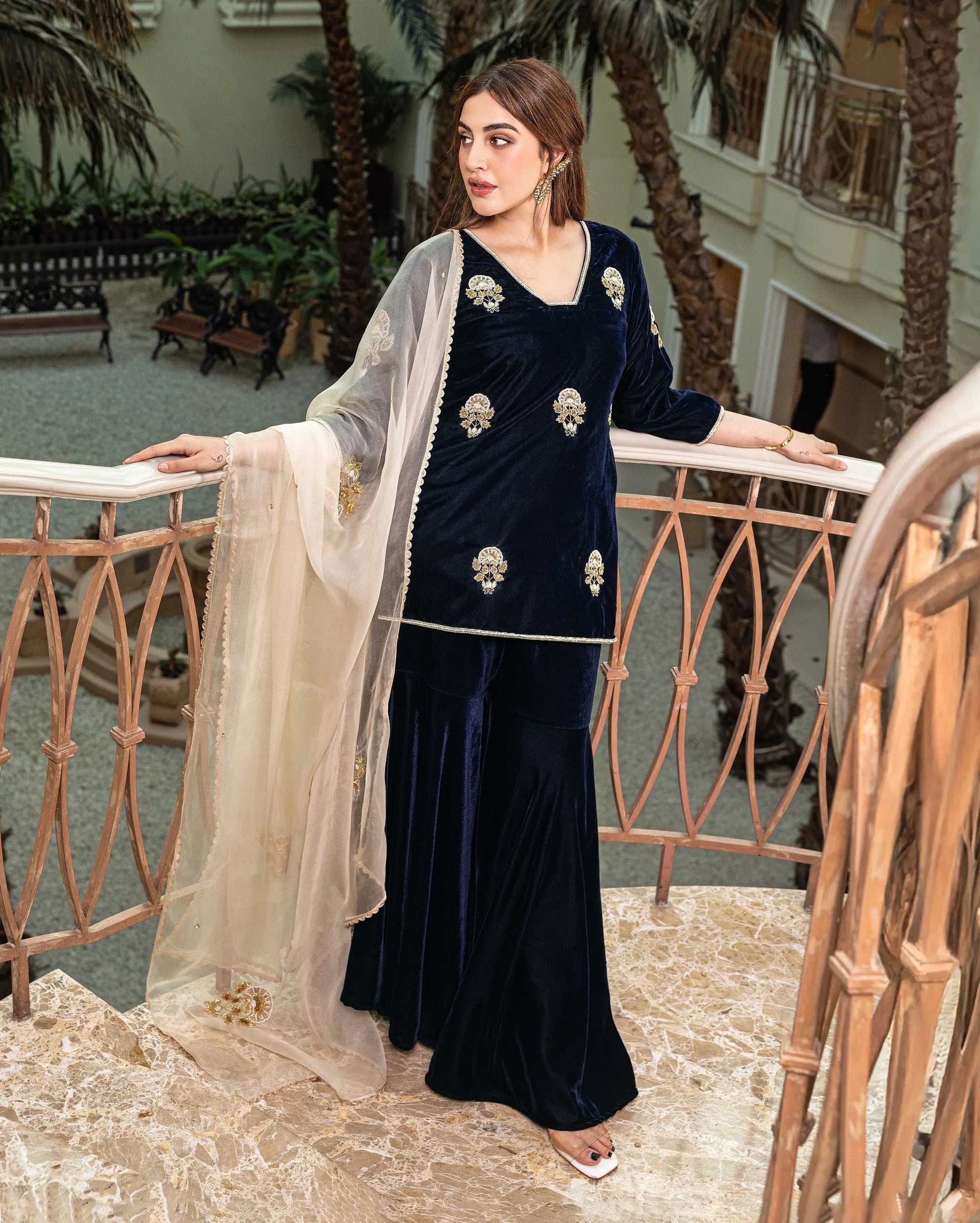 Nihayat Navy Embroidered Velvet Sharara Set My Store