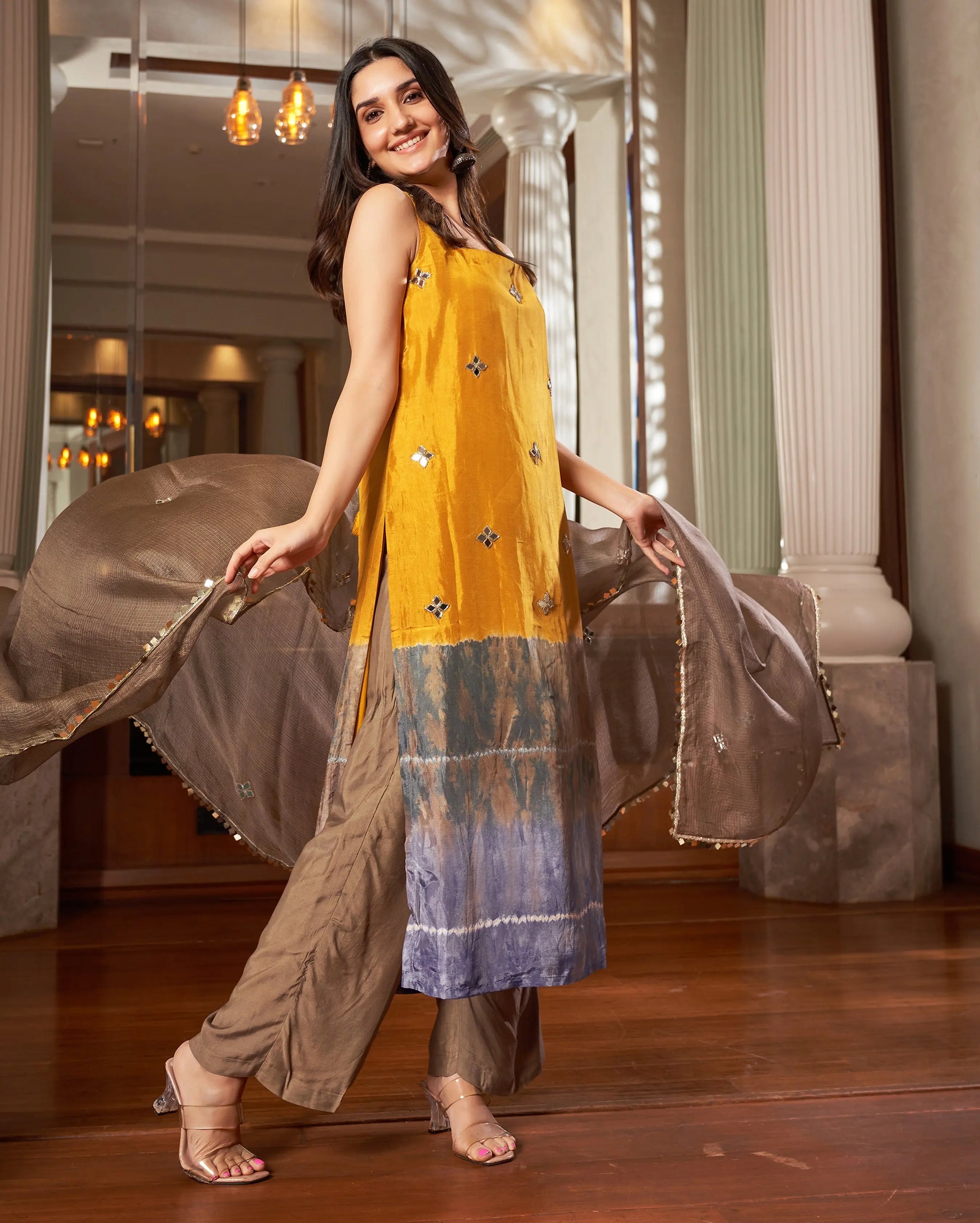 Avni Yellow Grey Tie-Dye Chanderi Suit Set My Store