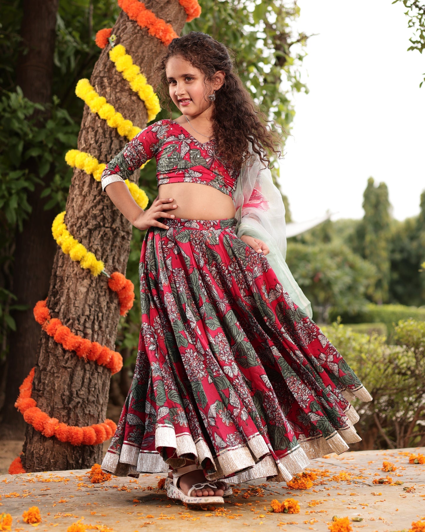 Frolic Red Printed Chanderi Lehenga Set My Store