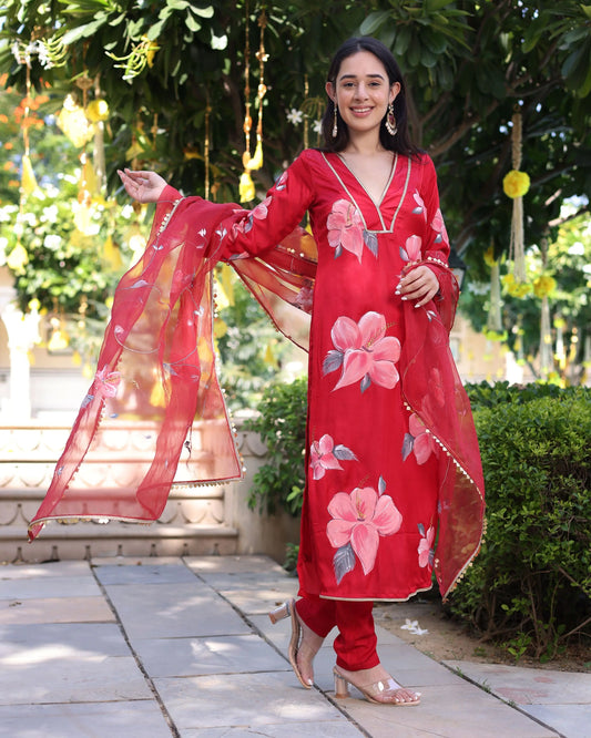 Raspberry Blush Red Handpainted Satin Suit Set My Store