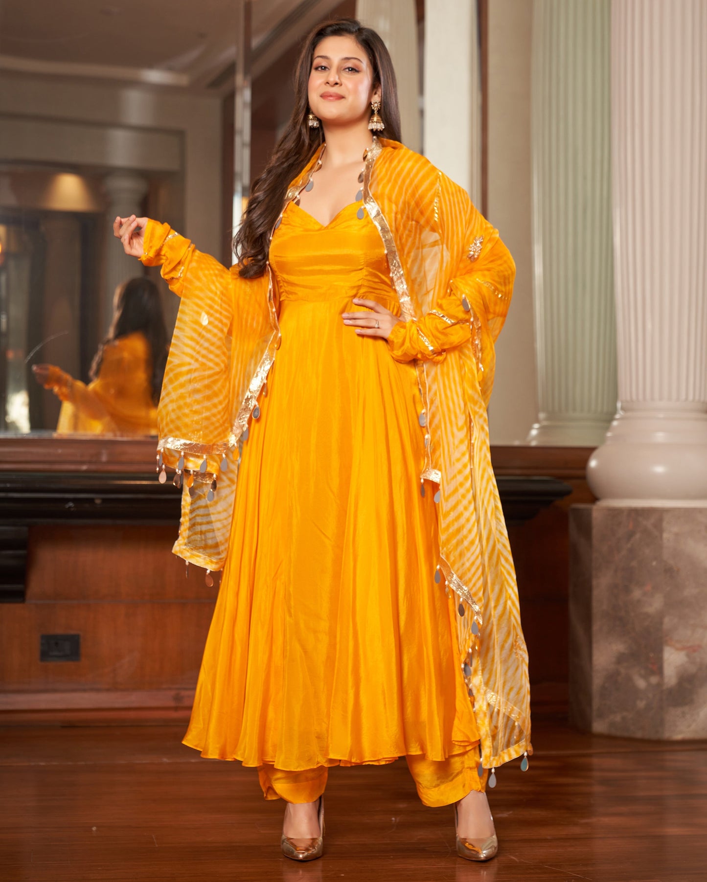 Avittam Mustard Yellow Leheriya Silk Suit Set Quick Cart