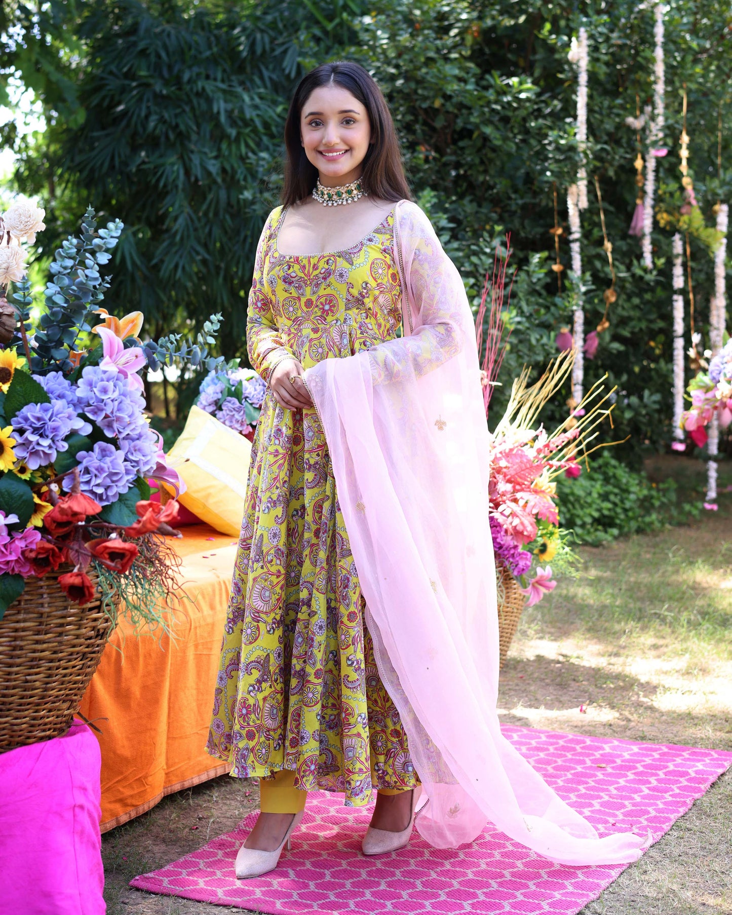 Sunglow Yellow Printed Chanderi Suit Set Quick Cart