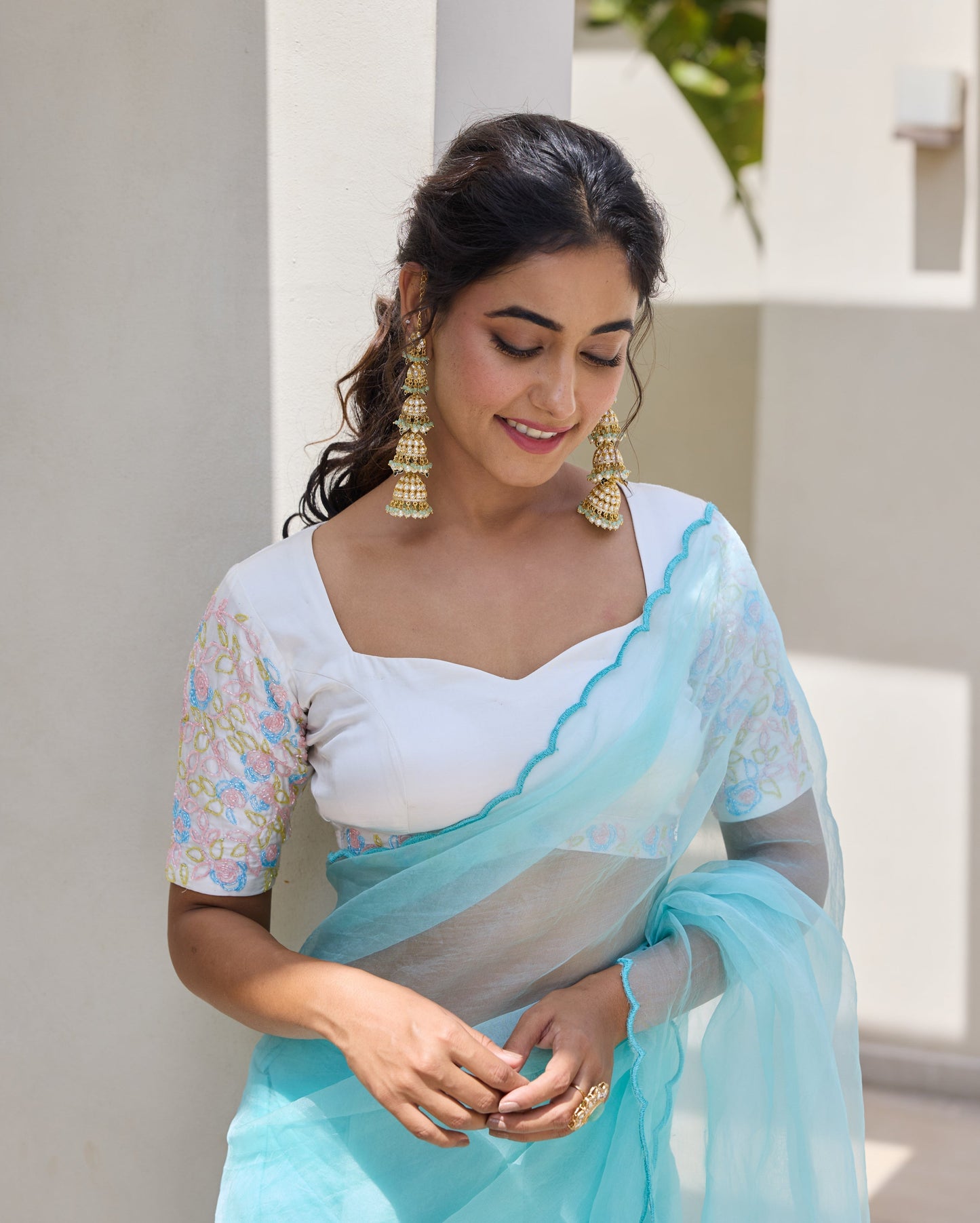 Meadow Whisper White Chanderi Embroidered Blouse My Store