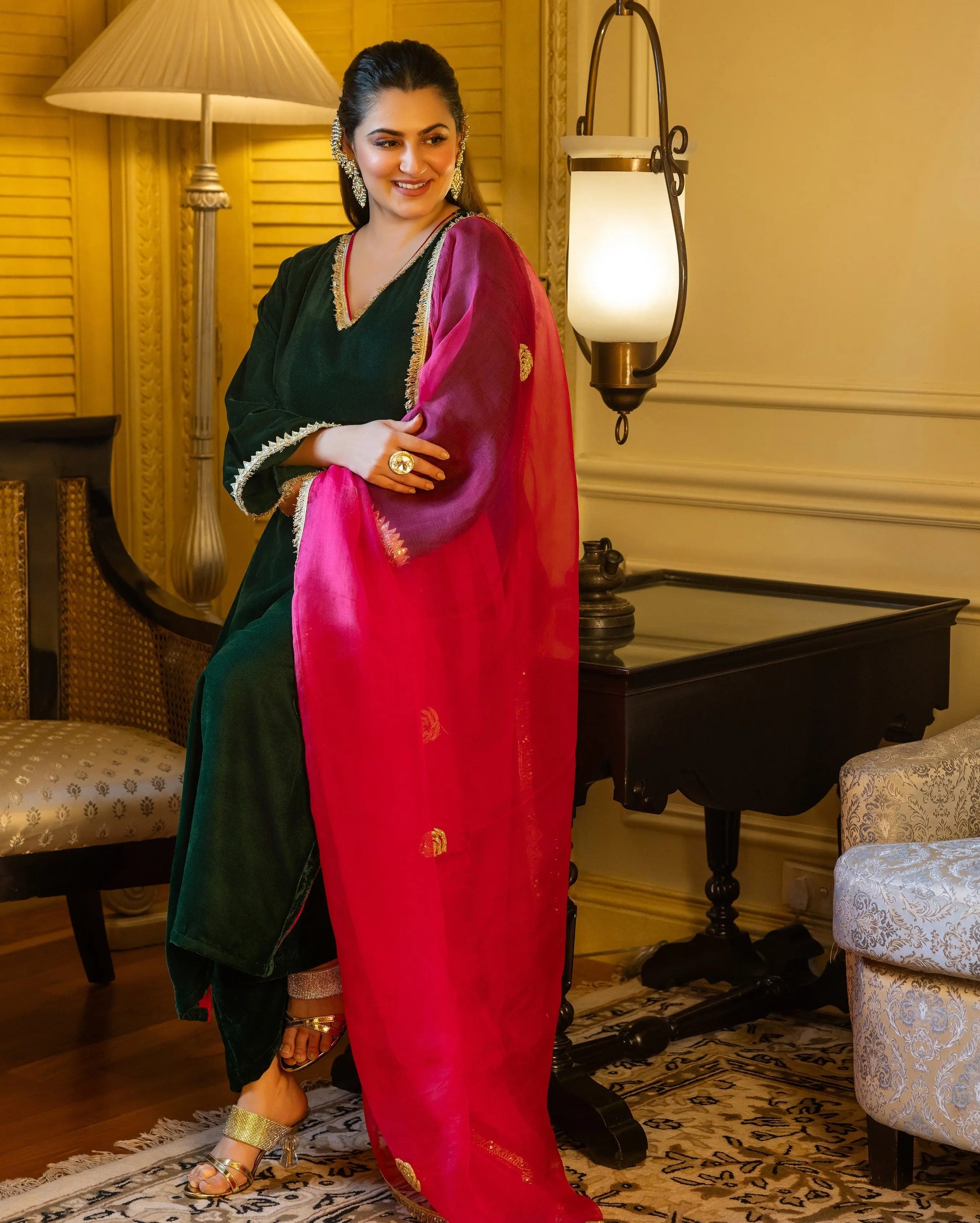 Nargis Green Solid Velvet Suit Set My Store