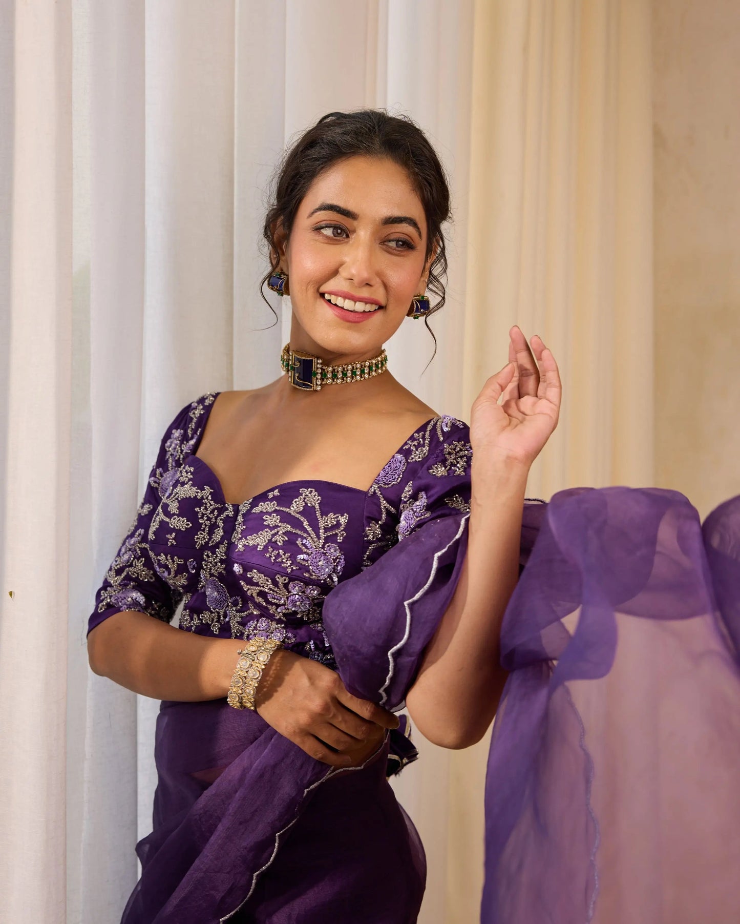 Violet Flutter Satin Embroidered Blouse My Store