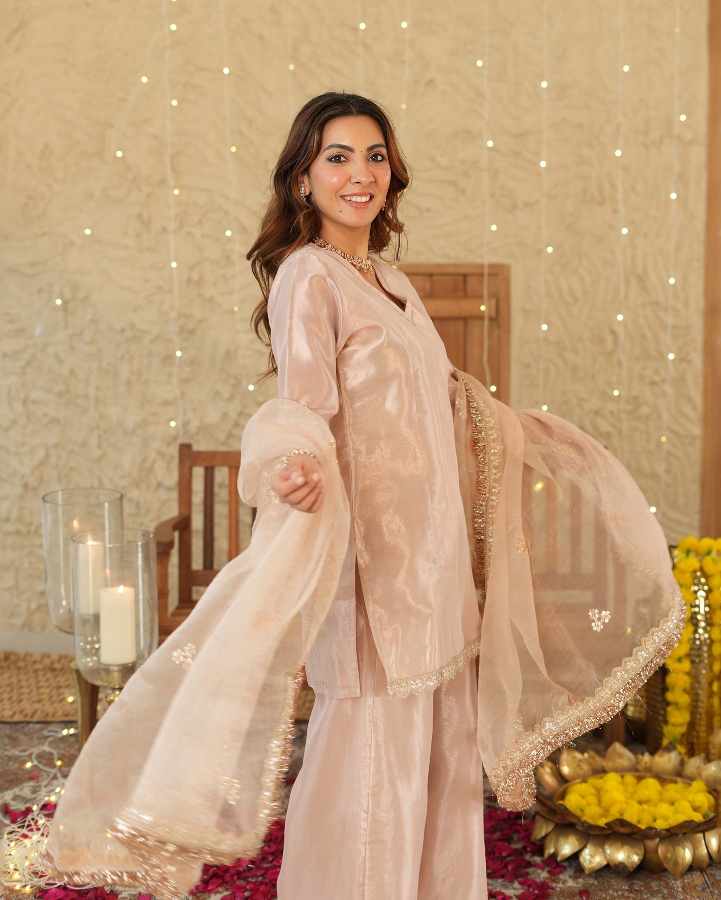 Pataka Beige Solid Tissue Suit Set Quick Cart