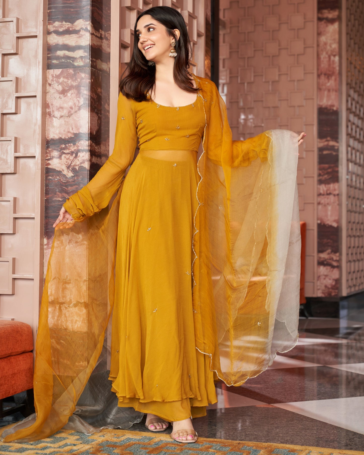 Rangat Mustard Yellow Embroidered Georgette Suit Set Quick Cart