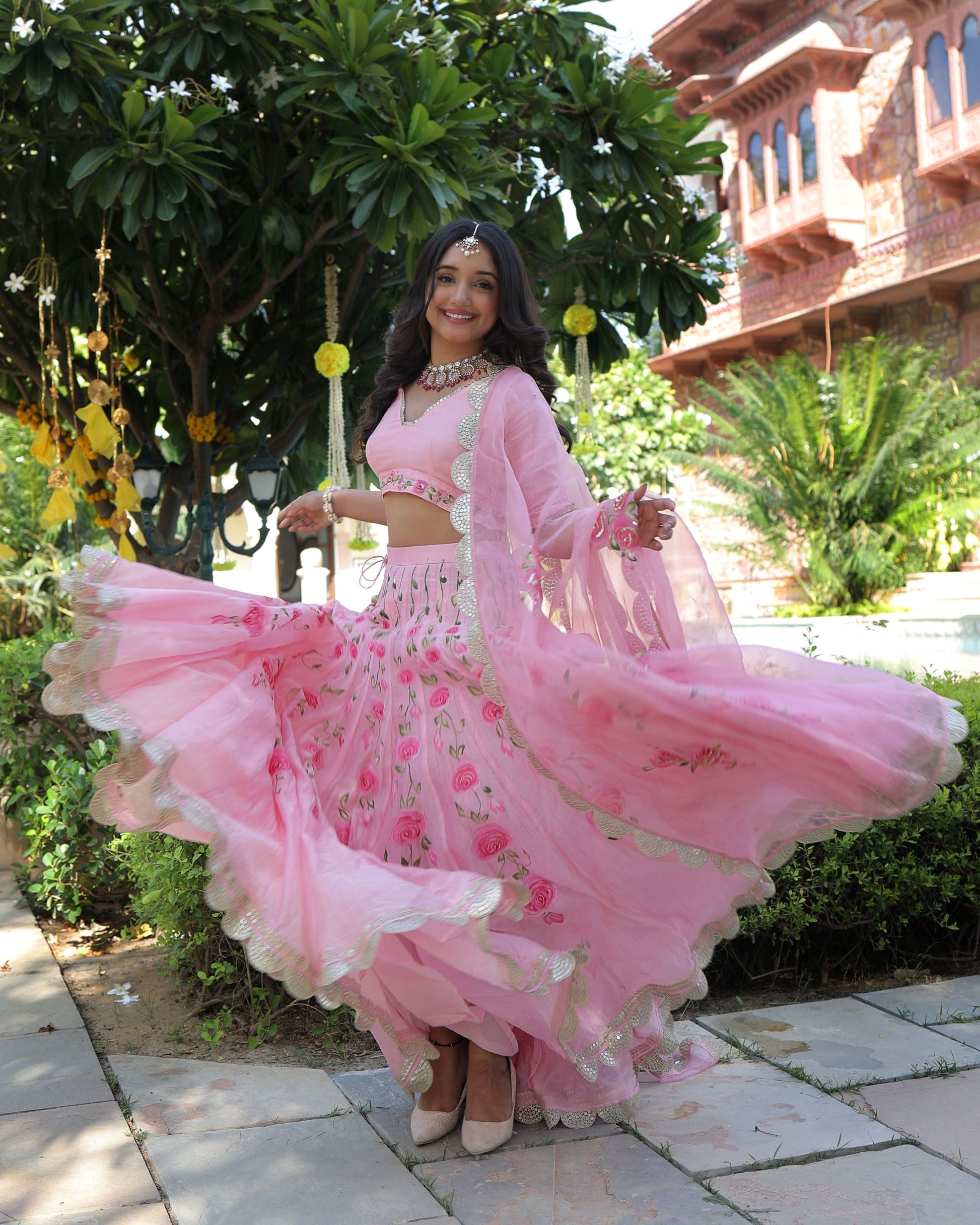 Dewberry Pink Handpainted Chanderi Lehenga Set Quick Cart