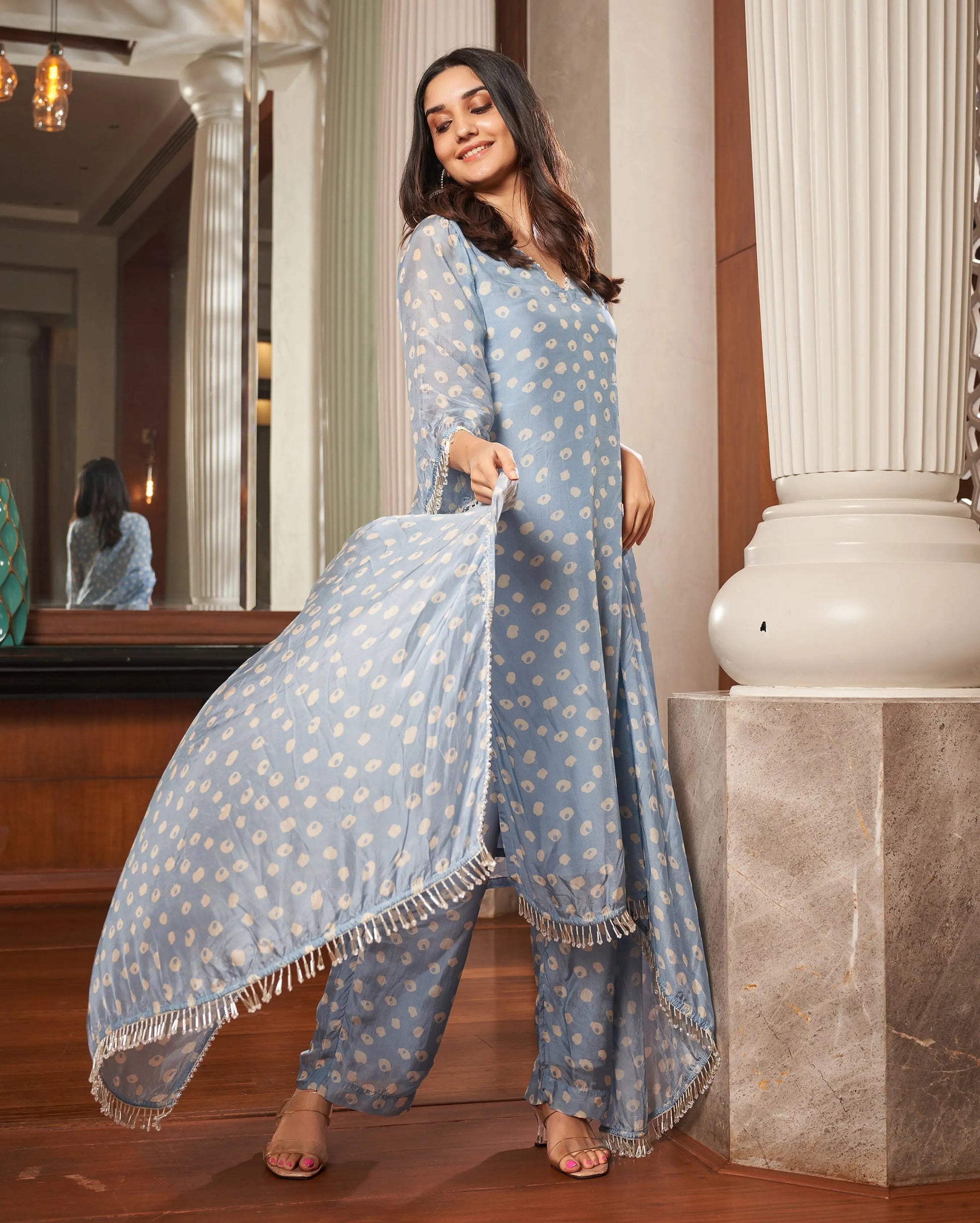 Tarang Pastel Blue Bandhani Silk Suit Set My Store