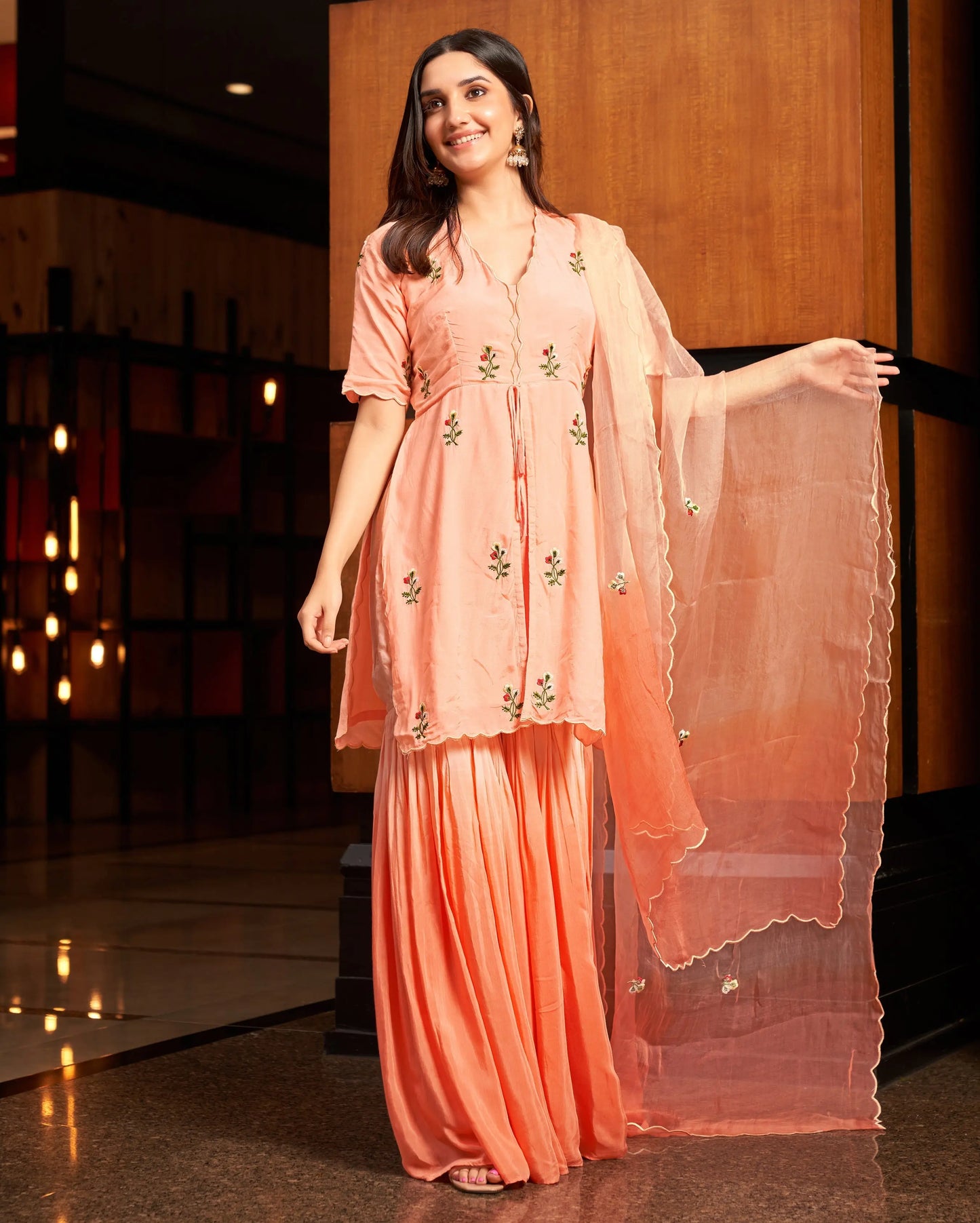 Heather Peach Embroidered Muslin Silk Sharara Set My Store