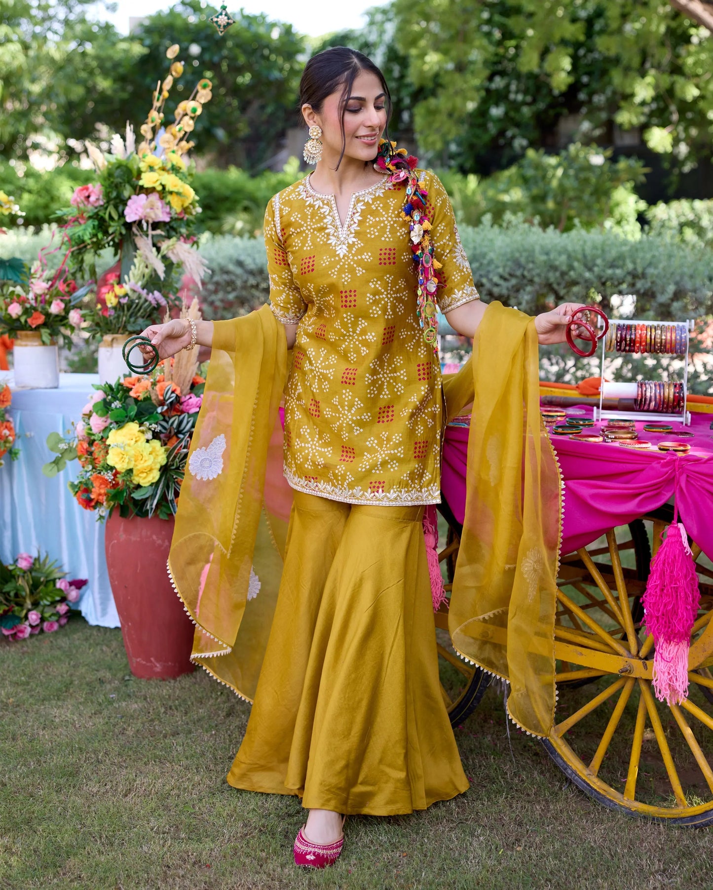 Naqsh Mustard Bandhani Chanderi Sharara Set