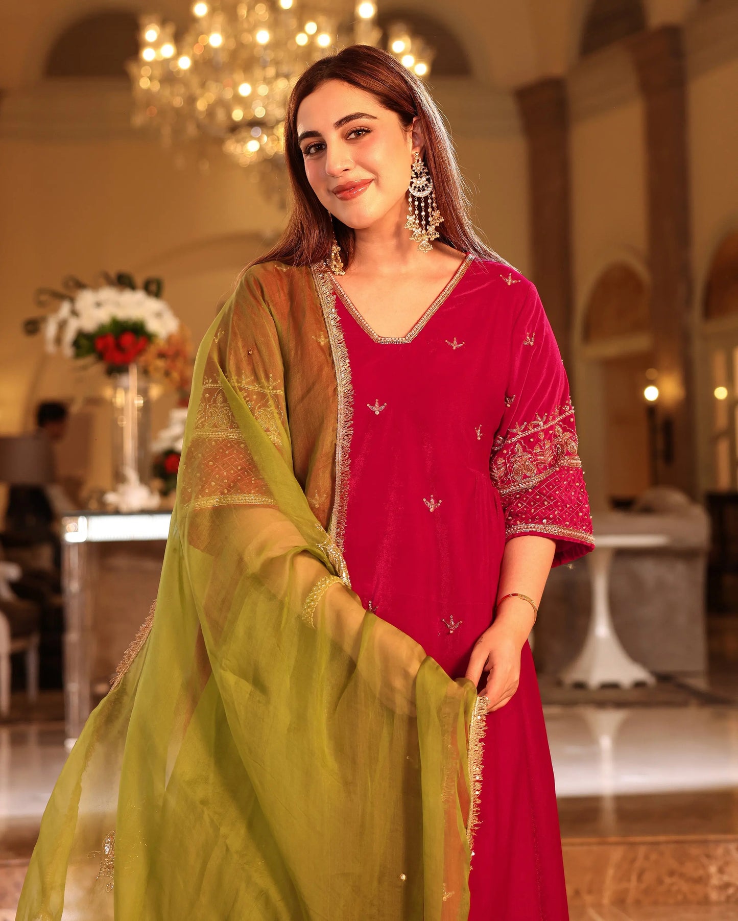 Mazrat Pink Embroidered Velvet Suit Set My Store