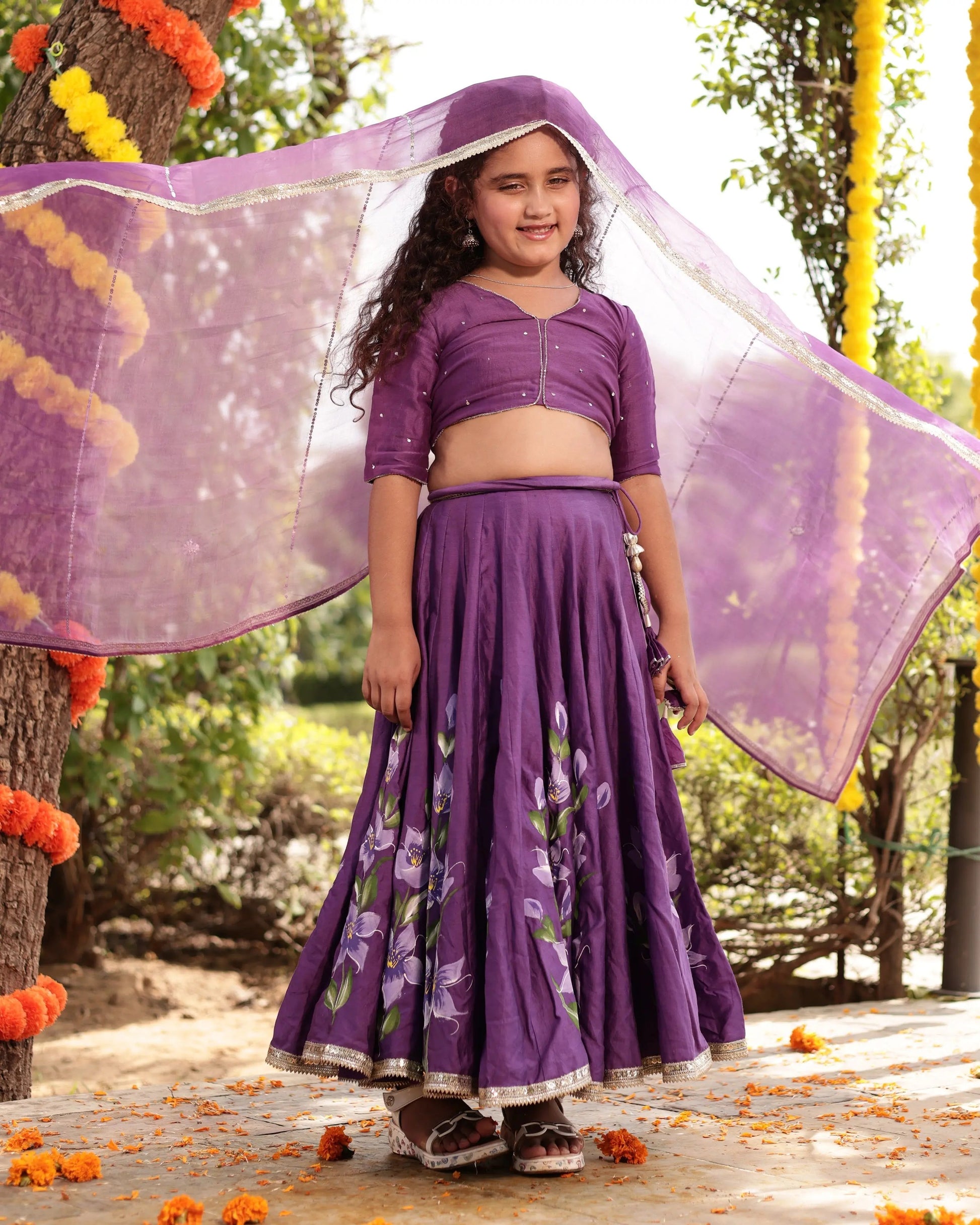 Berry Purple Handpainted Chanderi Lehenga Set My Store