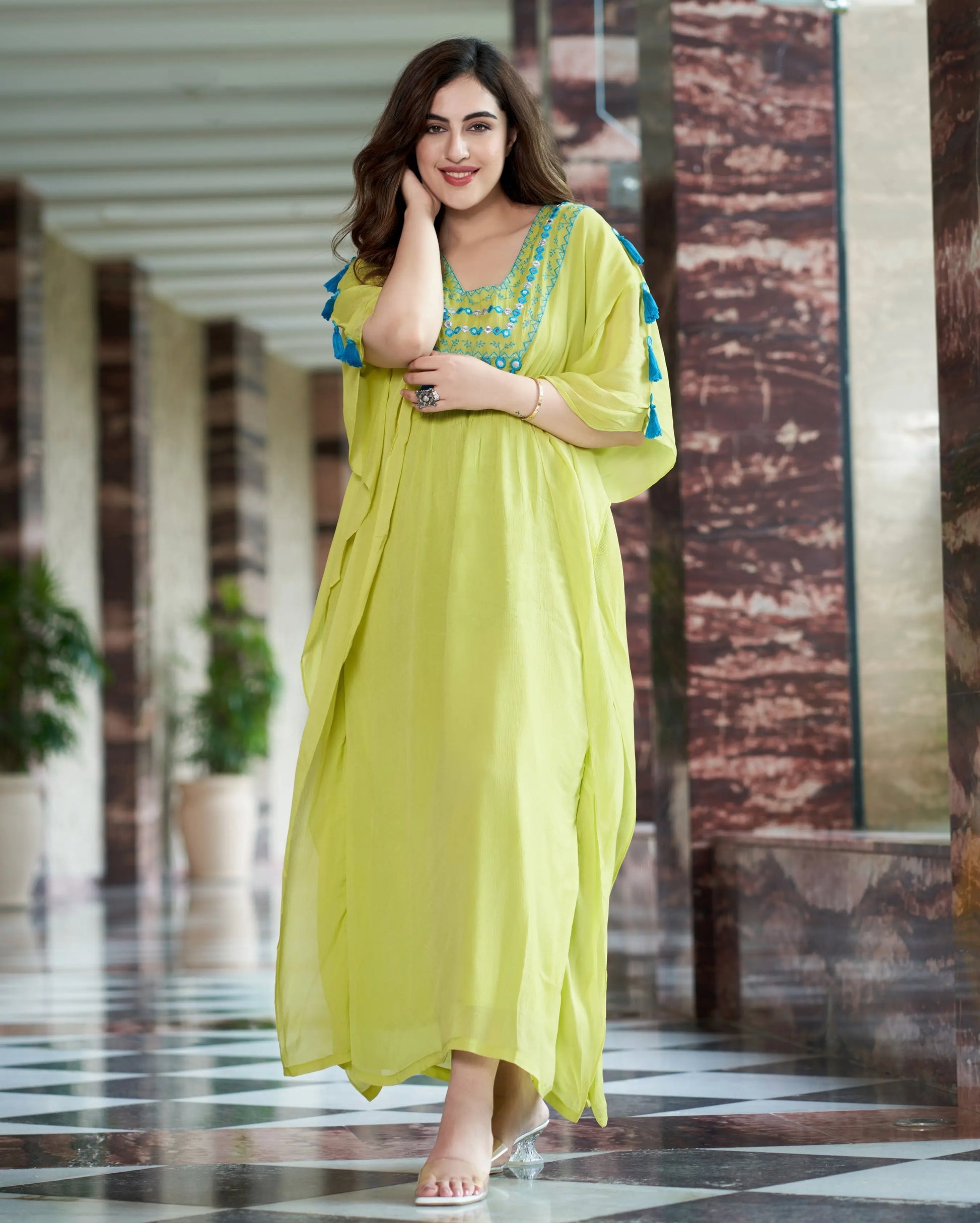 Meera Neon Green Embroidered Chinon Kaftan My Store