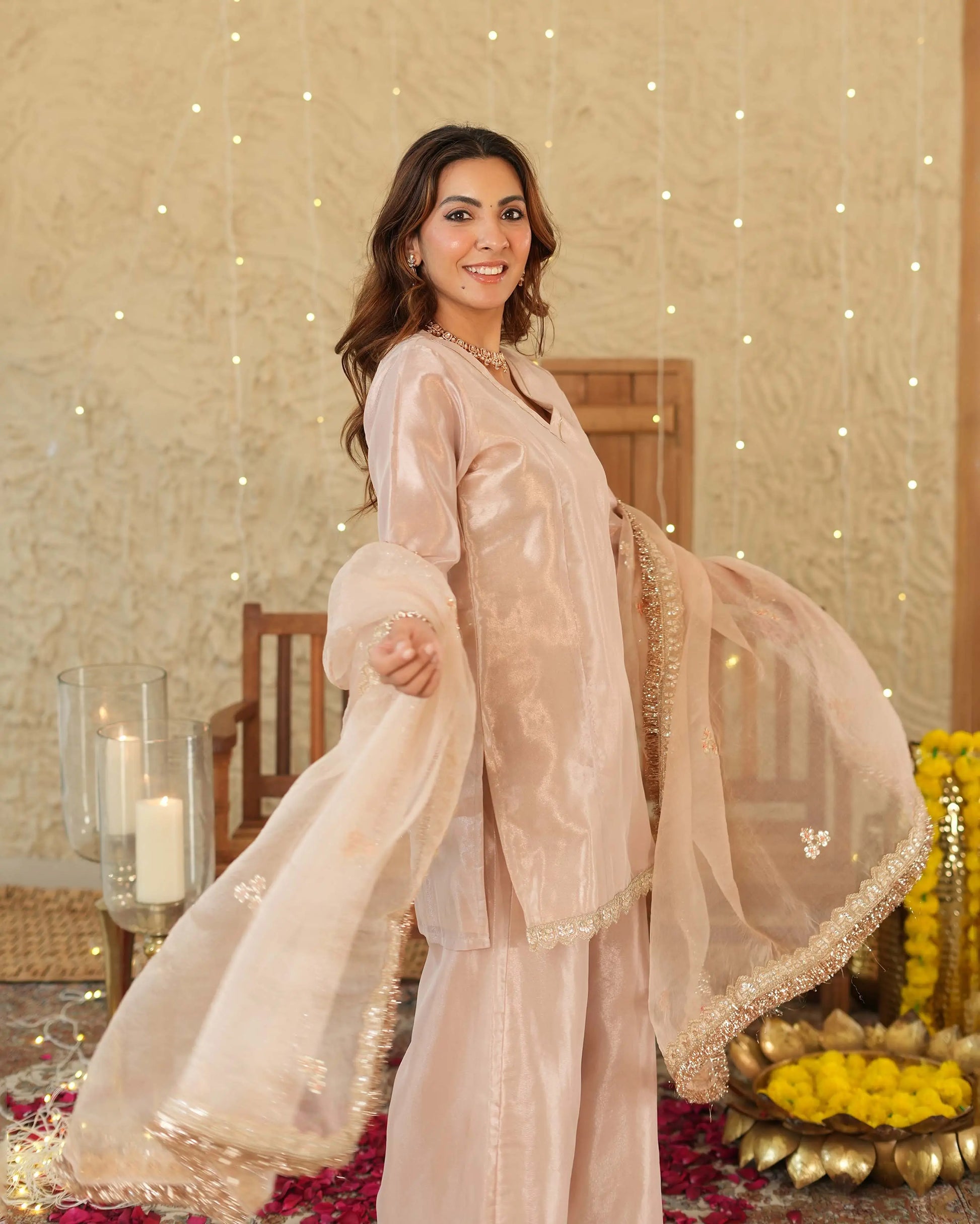 Pataka Beige Solid Tissue Suit Set My Store