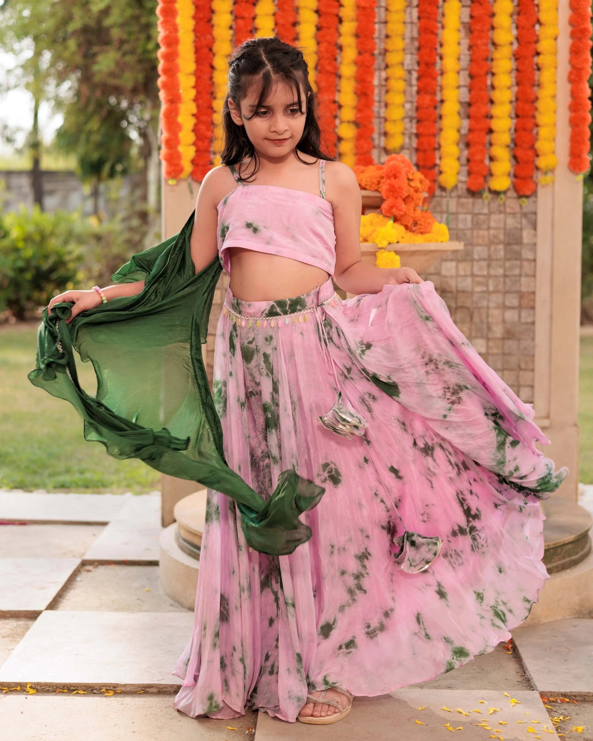 Rainbow Ripple Pink Green Tie Dye Silk Lehenga set My Store