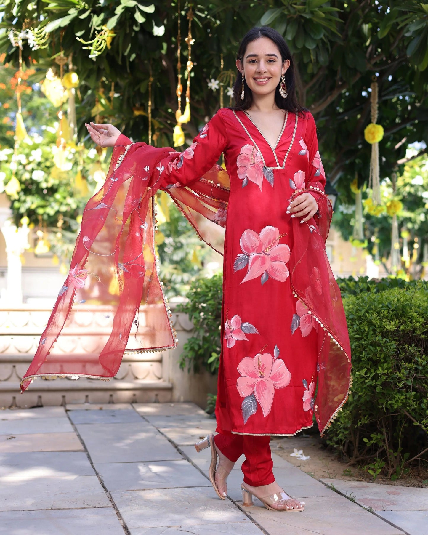 Raspberry Blush Red Handpainted Satin Suit Set My Store