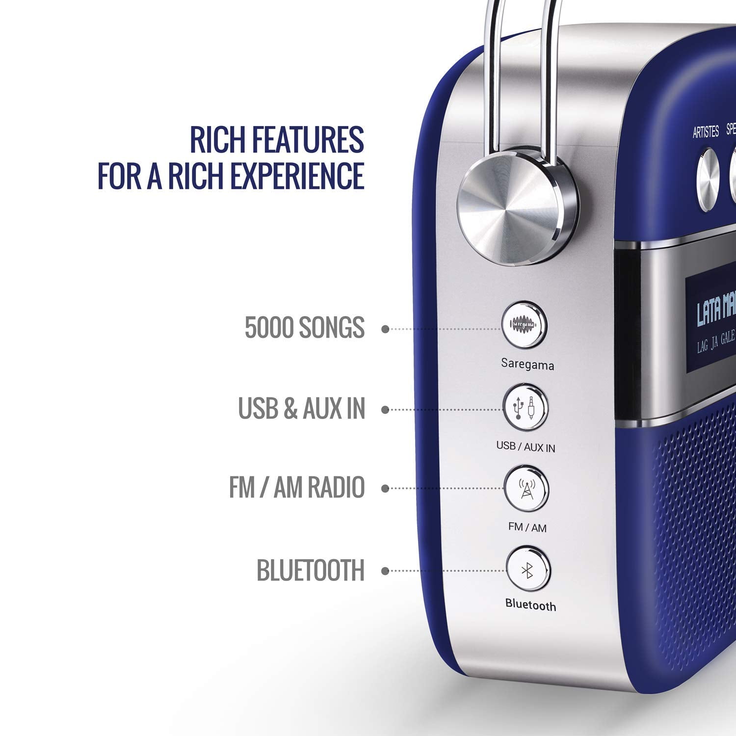Saregama Carvaan Premium Hindi - Portable Music Player with 5000 Preloaded Songs, FM BT AUX Royal Blue