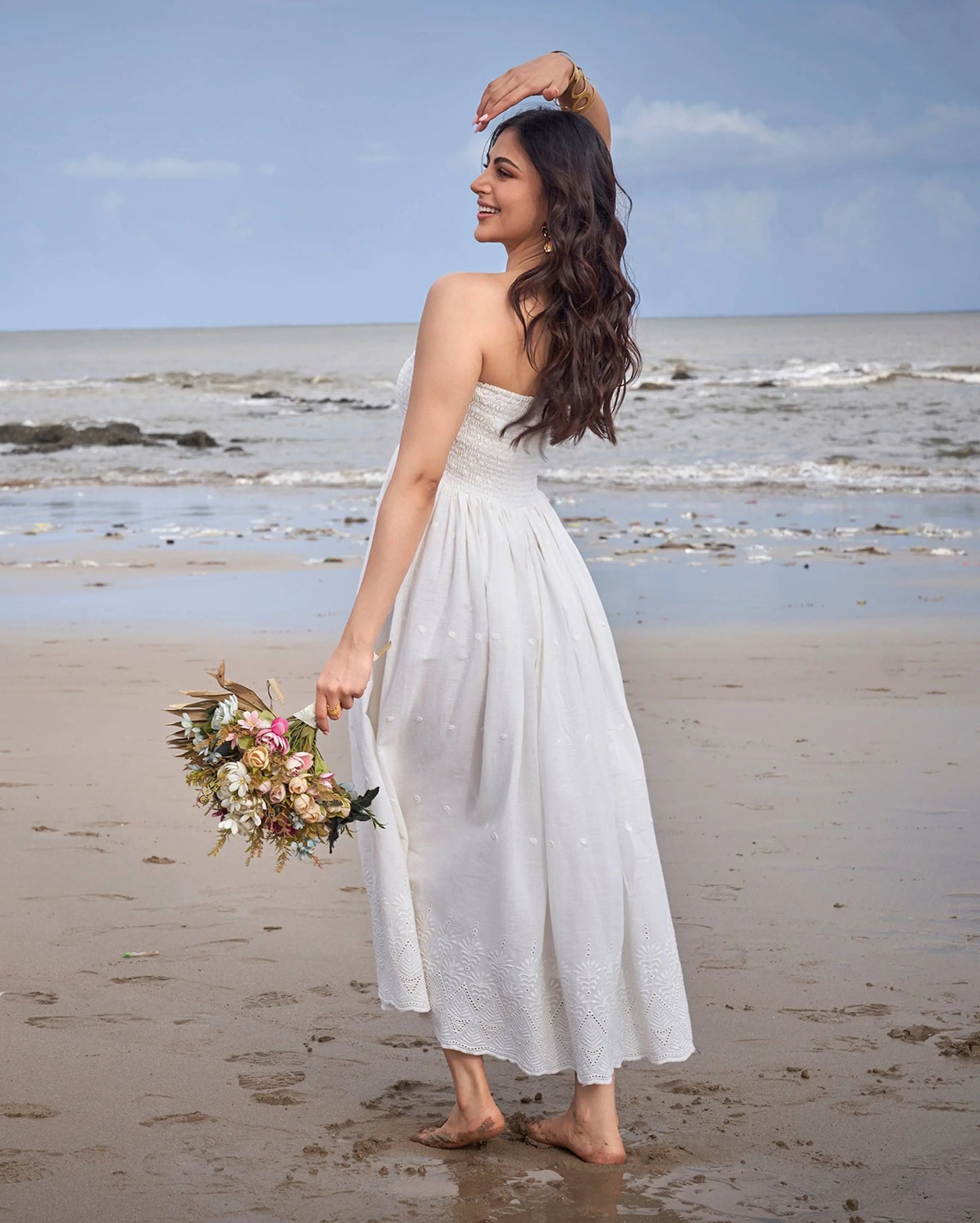 Swallow Off White Solid Cotton Schiffli Dress My Store