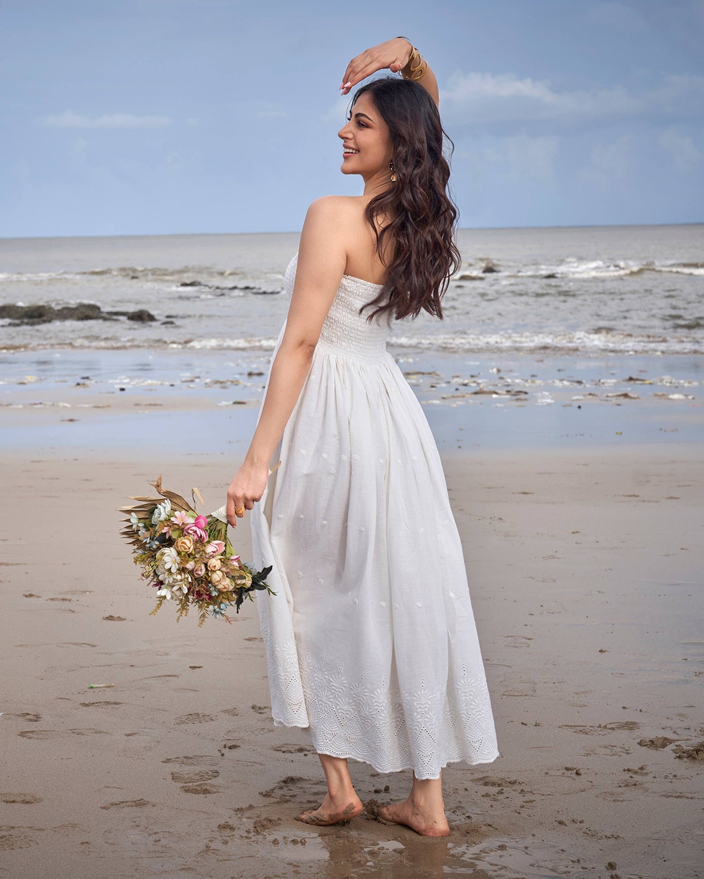 Swallow Off White Solid Cotton Schiffli Dress Quick Cart