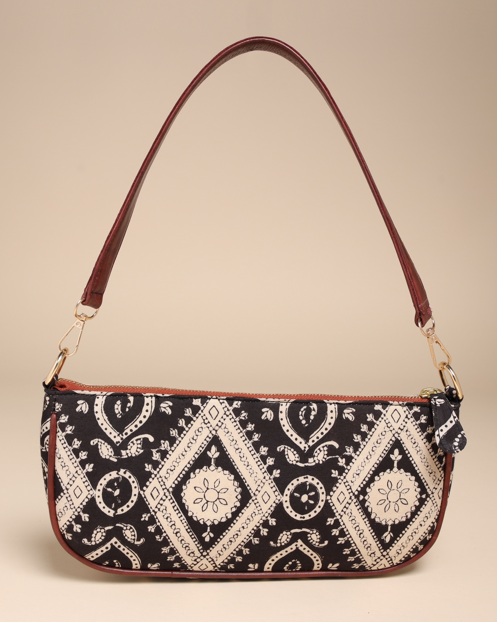 Sable Black Cotton Blockprinted Mini Baguette Bag Quick Cart