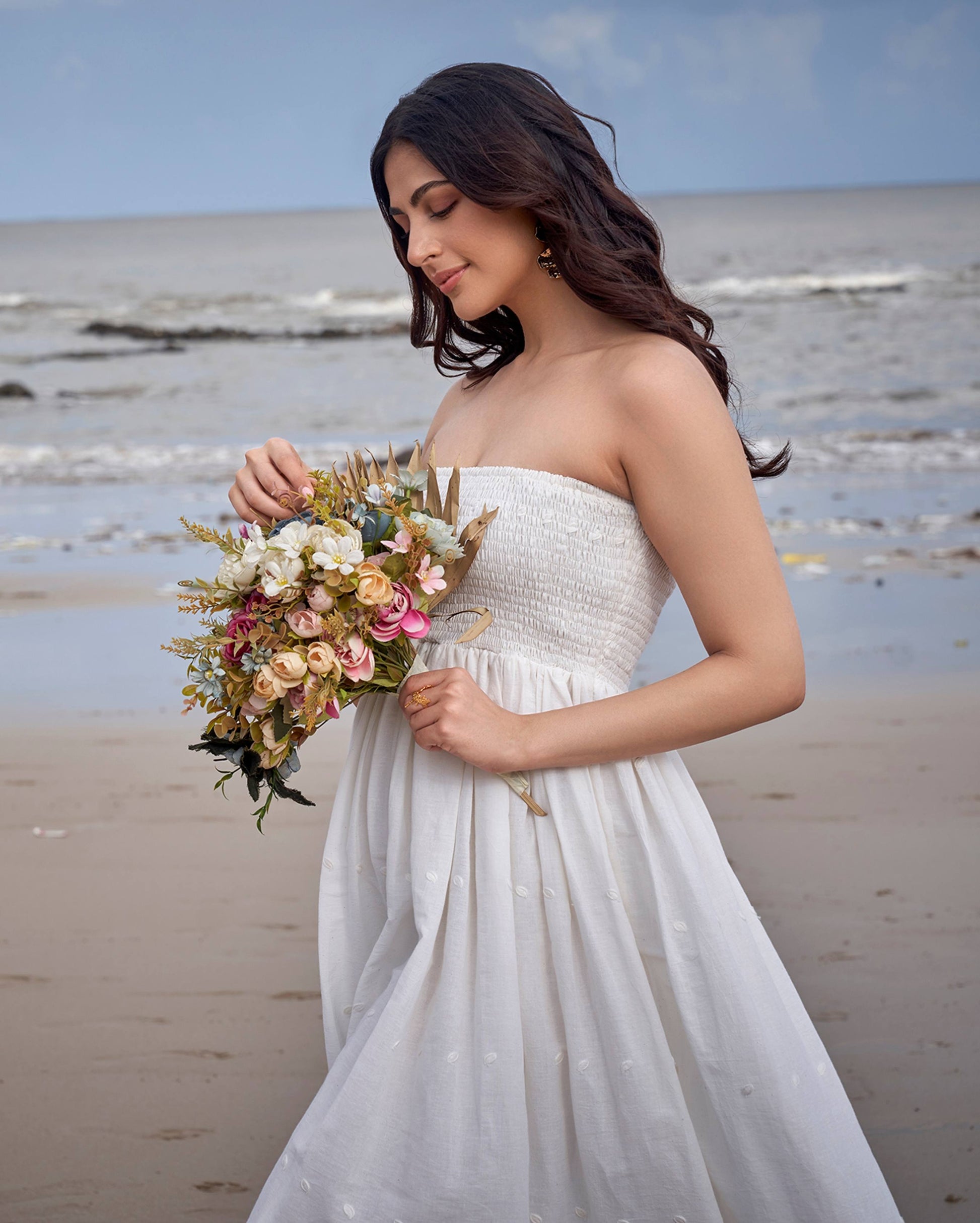 Swallow Off White Solid Cotton Schiffli Dress Quick Cart