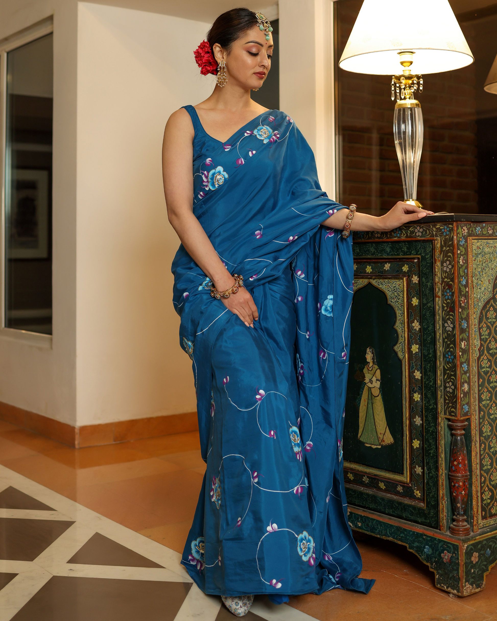 Galaxy Blue Handpainted Silk Saree My Store