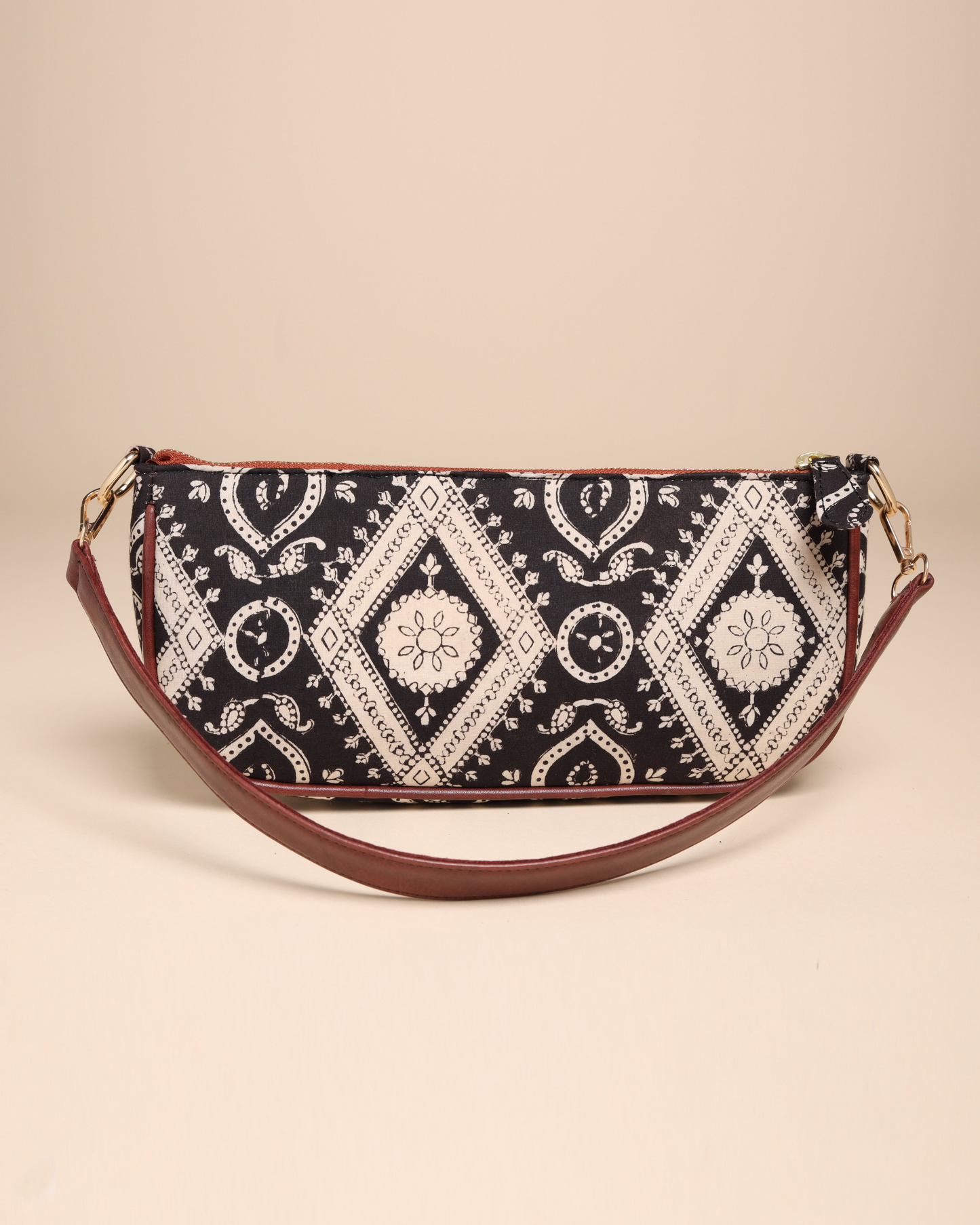 Sable Black Cotton Blockprinted Mini Baguette Bag Quick Cart