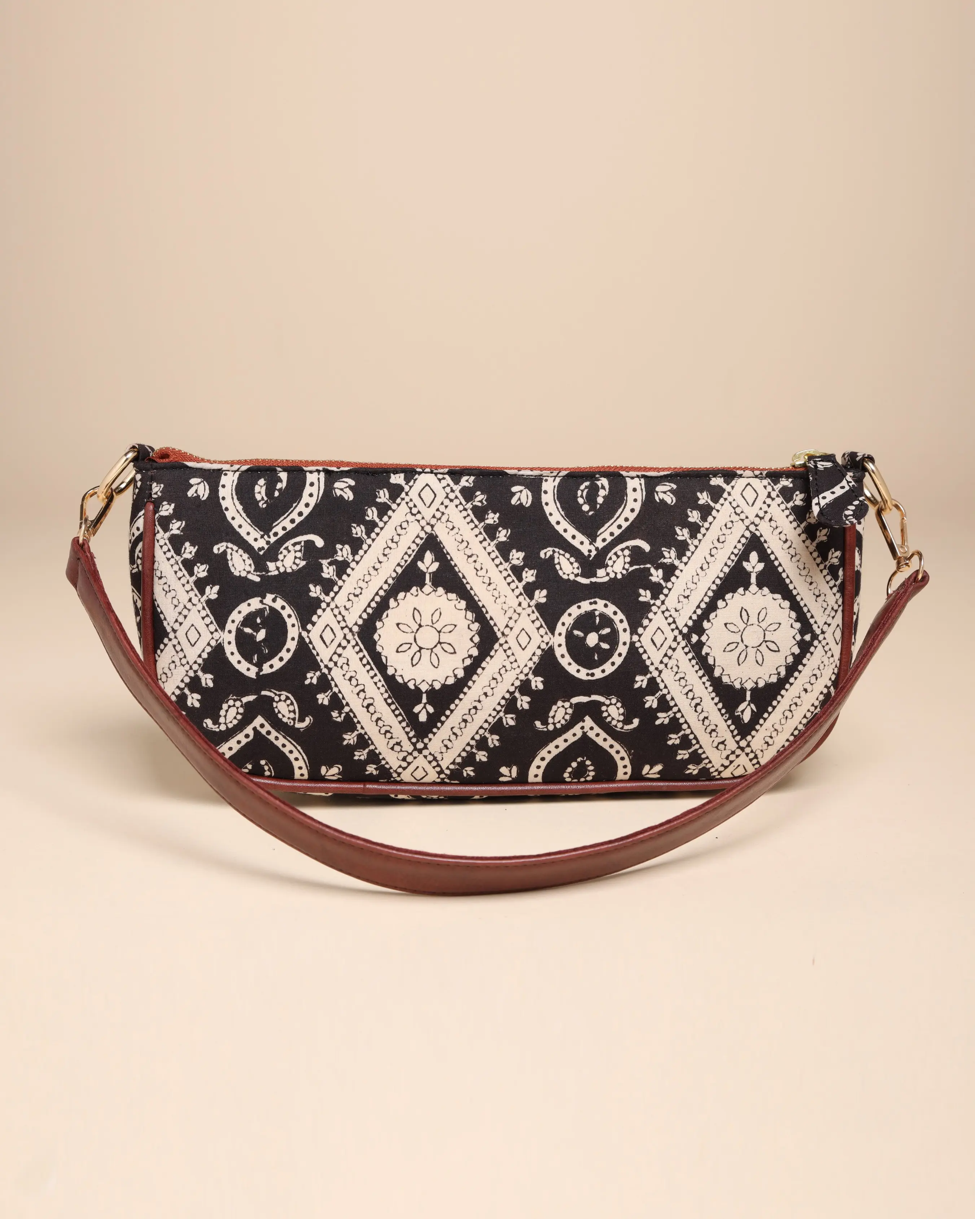 Sable Black Cotton Blockprinted Mini Baguette Bag My Store