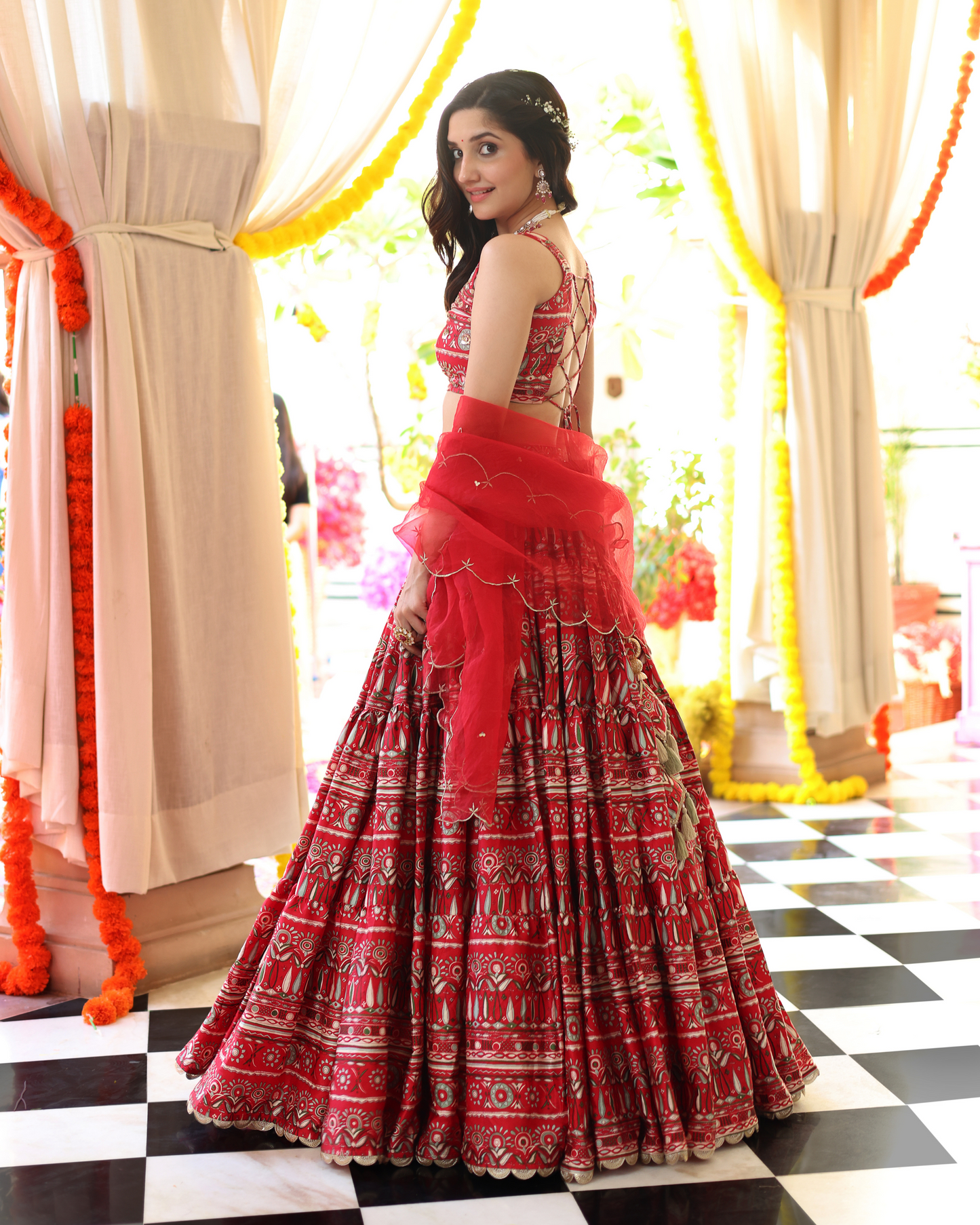 Red Hibiscus Haven Printed Satin Lehenga Set Quick Cart